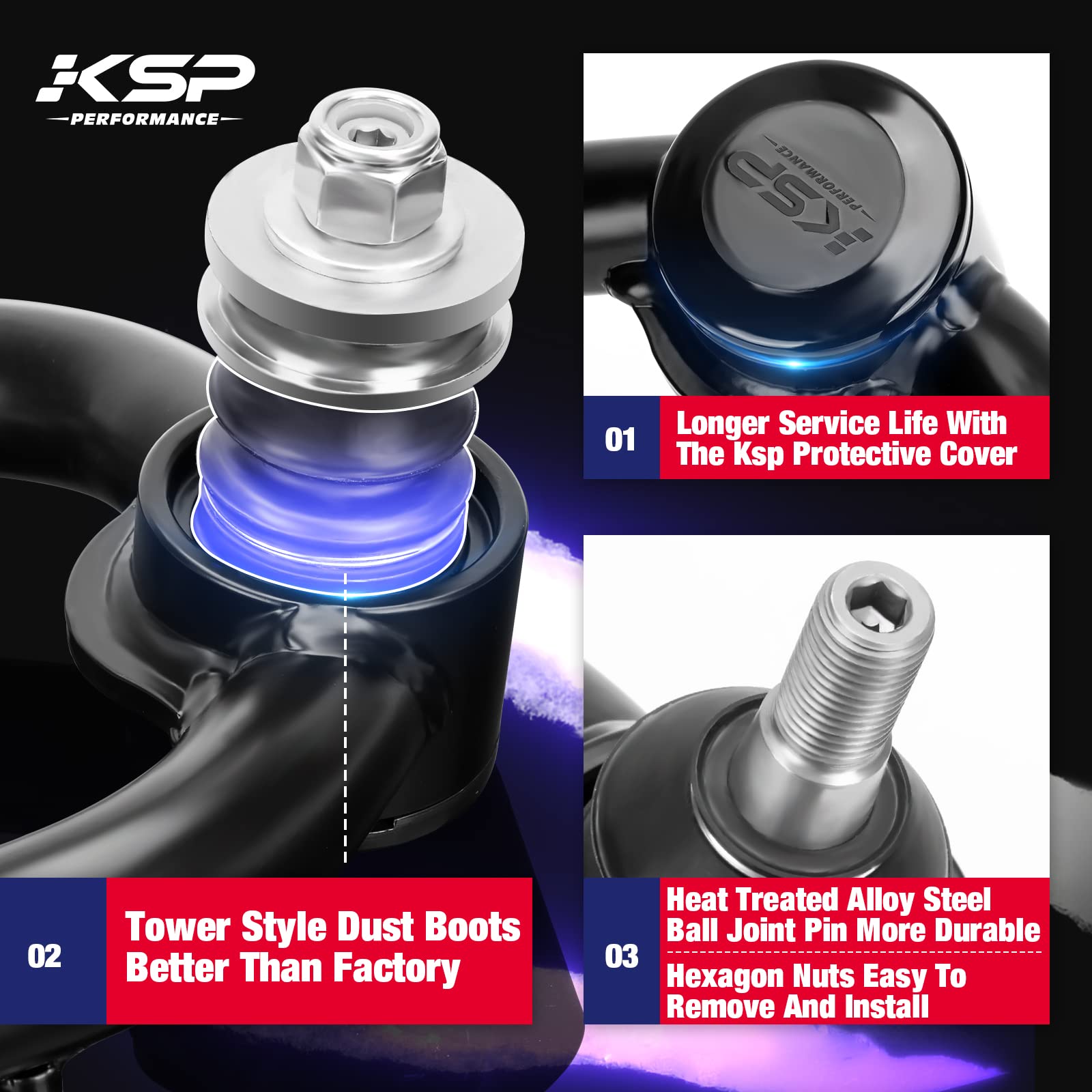 KSP PERFORMANCE Front Upper Control Arms for Toyota Tacoma 4Runner, 2-4 Adjustable Tubular A-Arm, Black, 1995-2002 Model, 2 PCS
