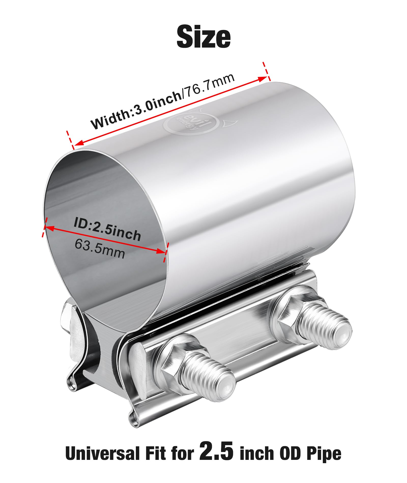 Evil Energy 2.5 Inch Exhaust Clamp,2 1/2 '' Butt Joint Band Clamp Sleeve Coupler Stainless Steel For Pipes,Mufflers,Catalytic Co