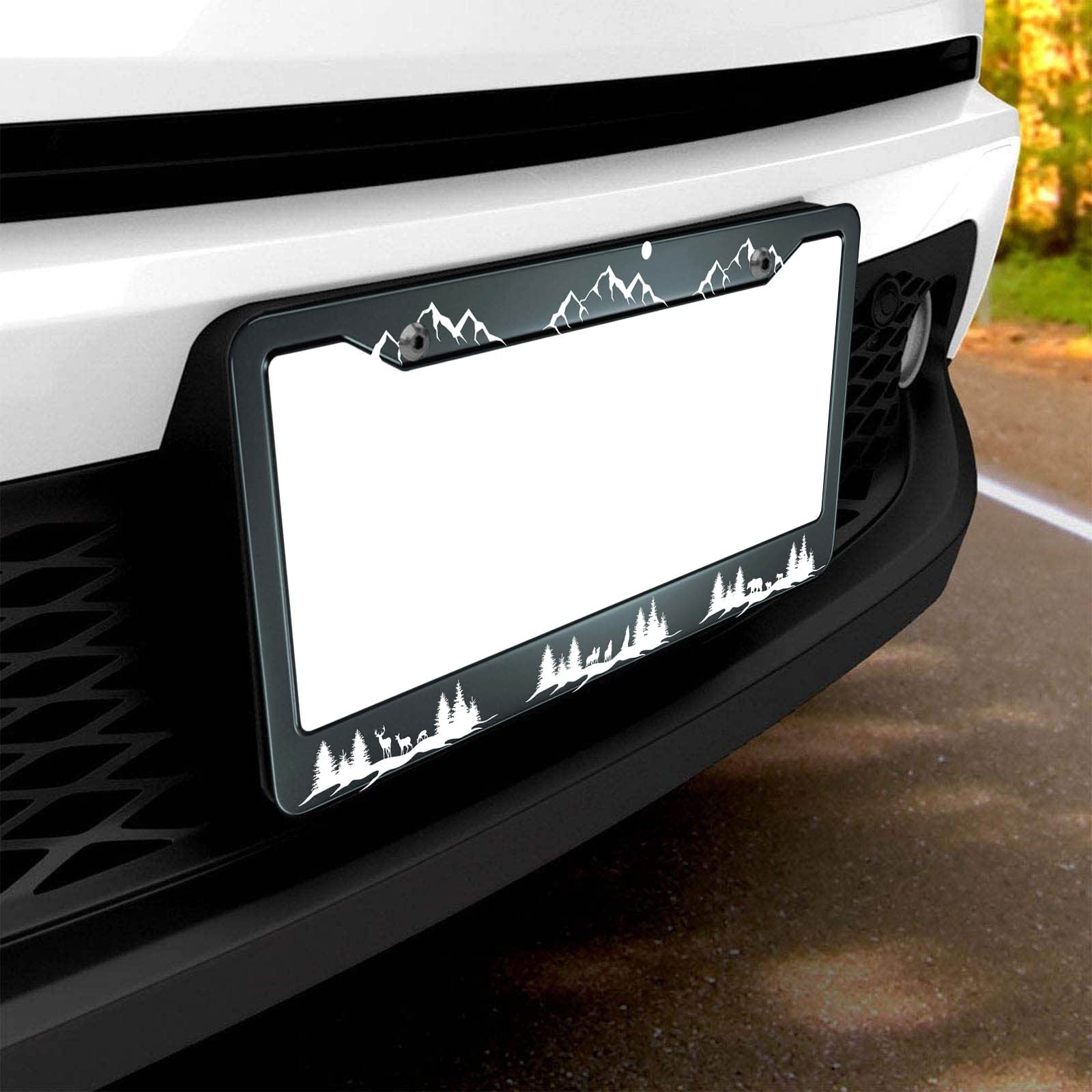 Hosnye Mountains License Plate Frame Deer, Bear, Wolf And Fox Silhouette Of Wild Animals Metal License Plate Cover Front Plates