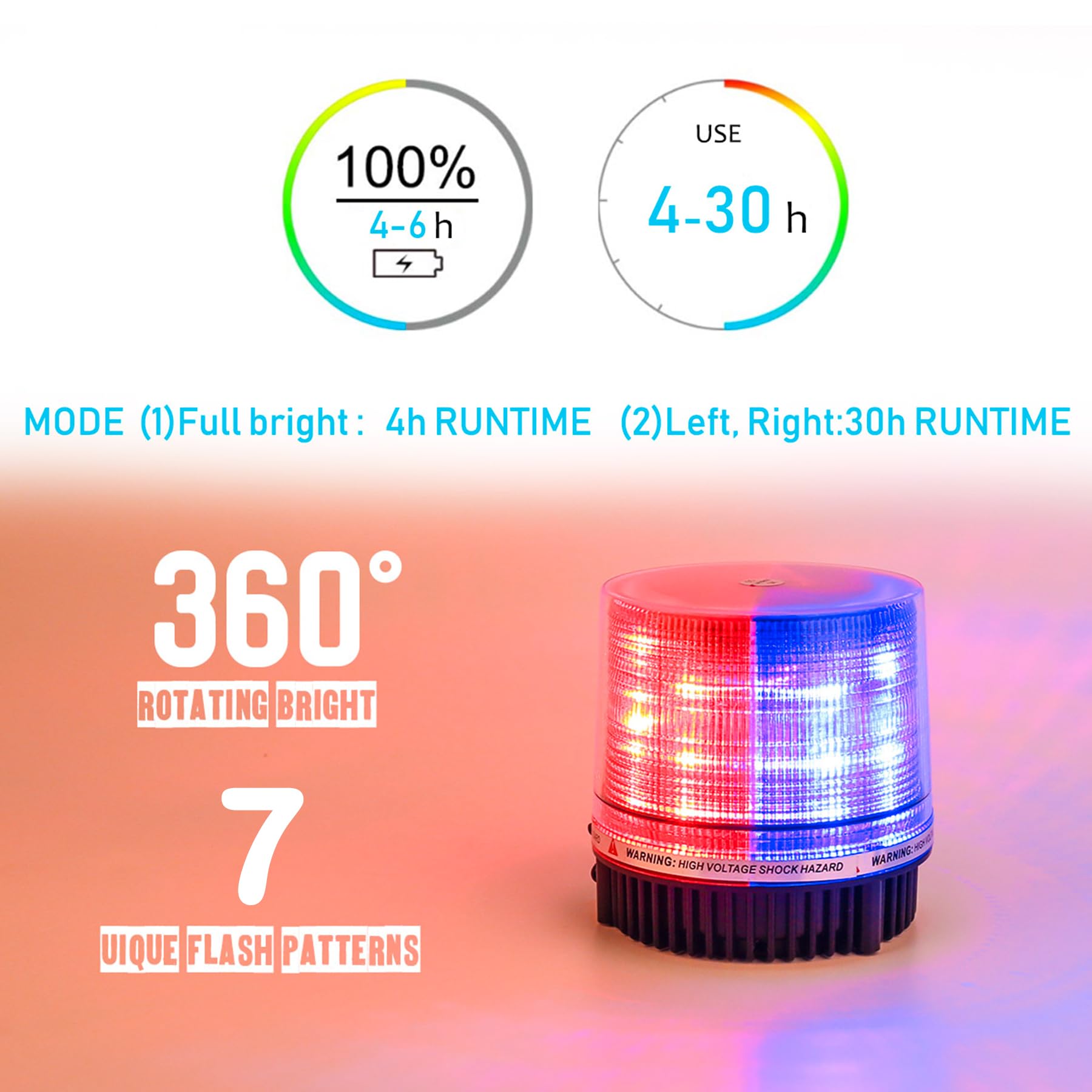 LE-JX Wireless Rotating Beacon Light - Red/Blue 18 LED, Metal, Rechargeable, Magnetic Base, Model US04-2213
