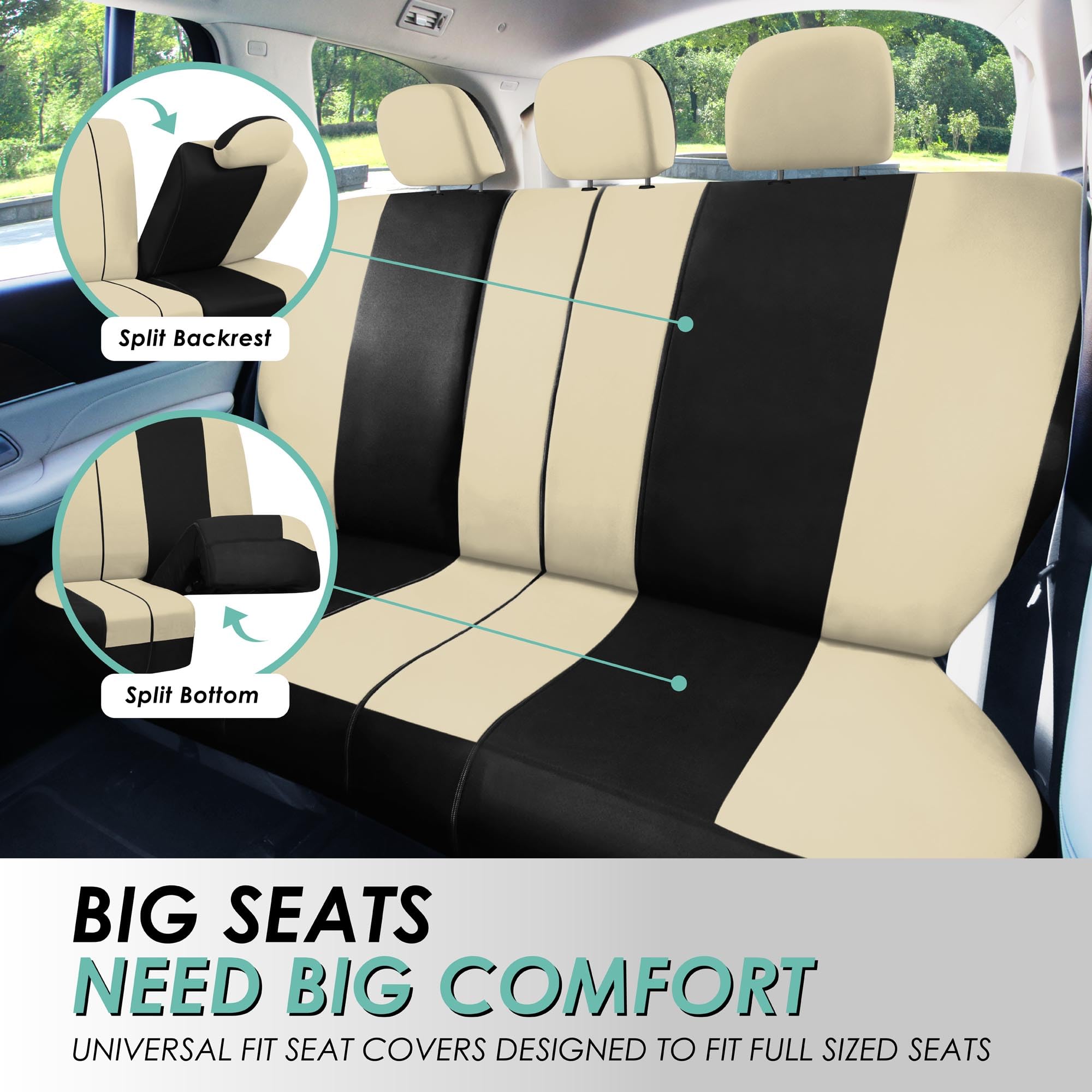 Automotive Seat Covers Beige Black Universal Fit Seat Cover Combo Set With Steering Wheel Cover And Seat Belt Pad (Airbag Compat