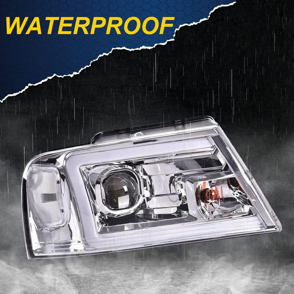 G-PLUS LED DRL Headlights for 2004-2008 Ford F150, ABS Plastic, Chrome Housing, Clear Lens