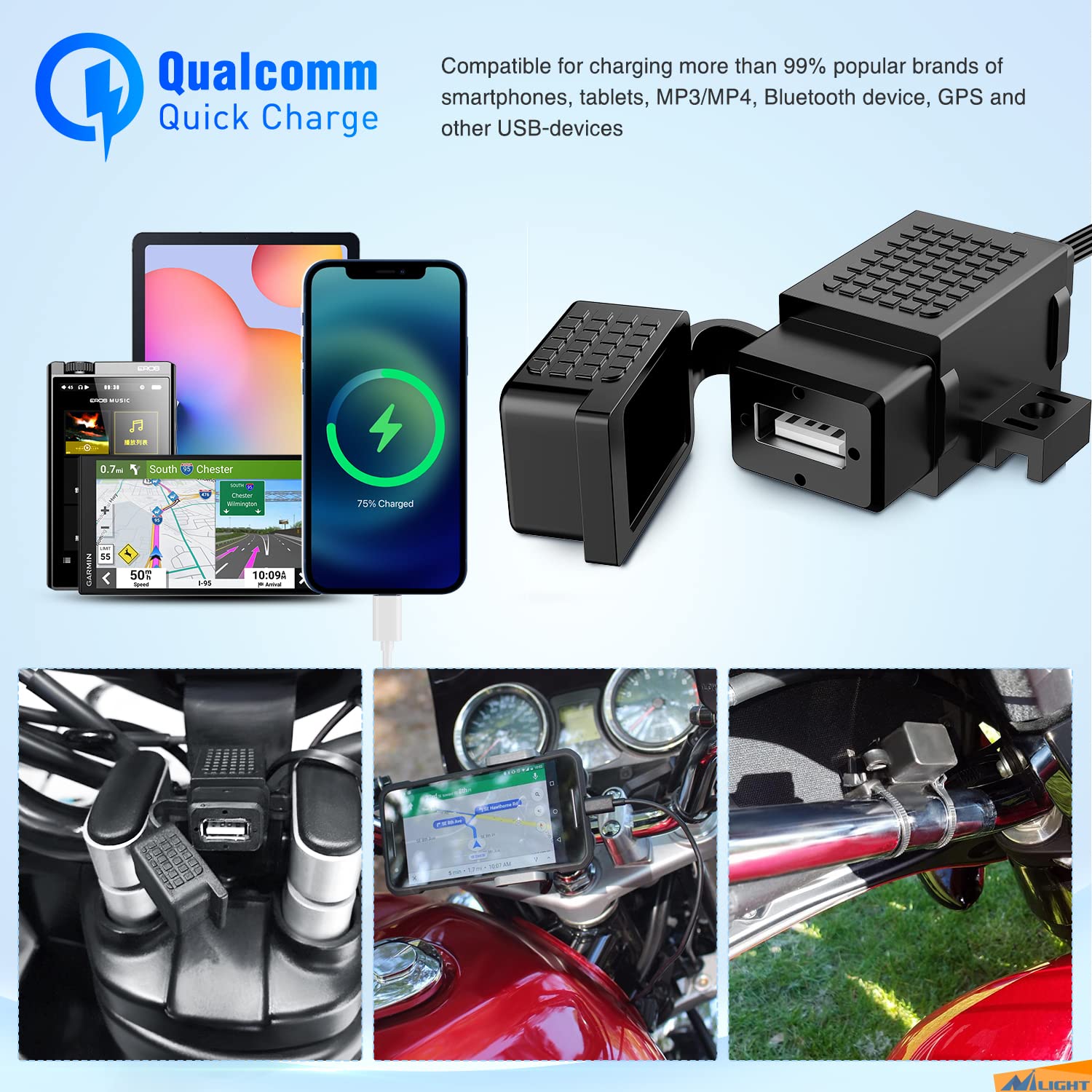Nilight Waterproof Motorcycle Usb 3.1Amp Quick Sae To Usb Charger Adapter O Ring Terminal Cable Harness With Inline 10Amp Fuse H
