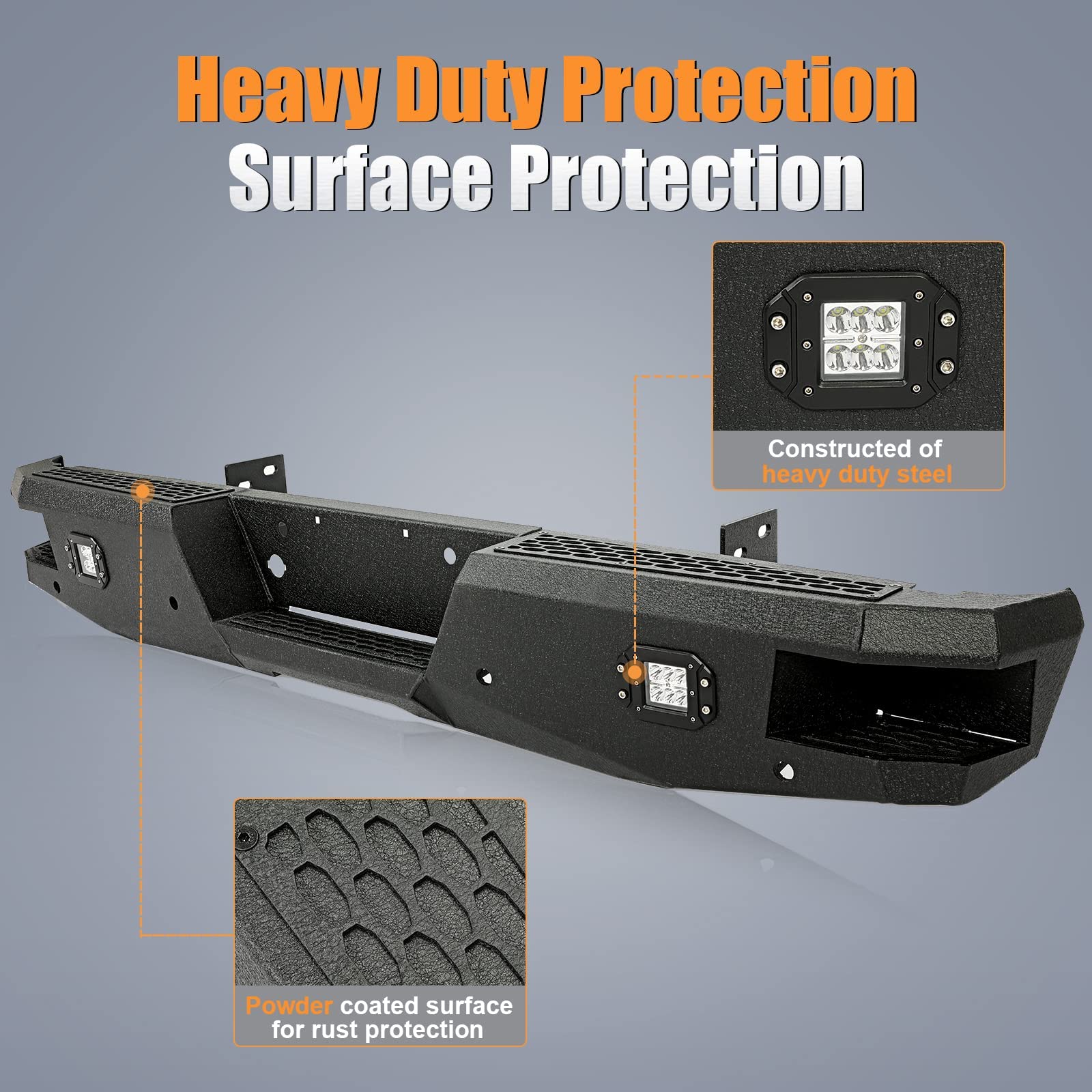 KUAFU Offroad Rear Bumper for 1999-2016 Ford F250 F350, Heavy Duty Black Alloy Steel, Includes 2 LED Lights, Model BL1500