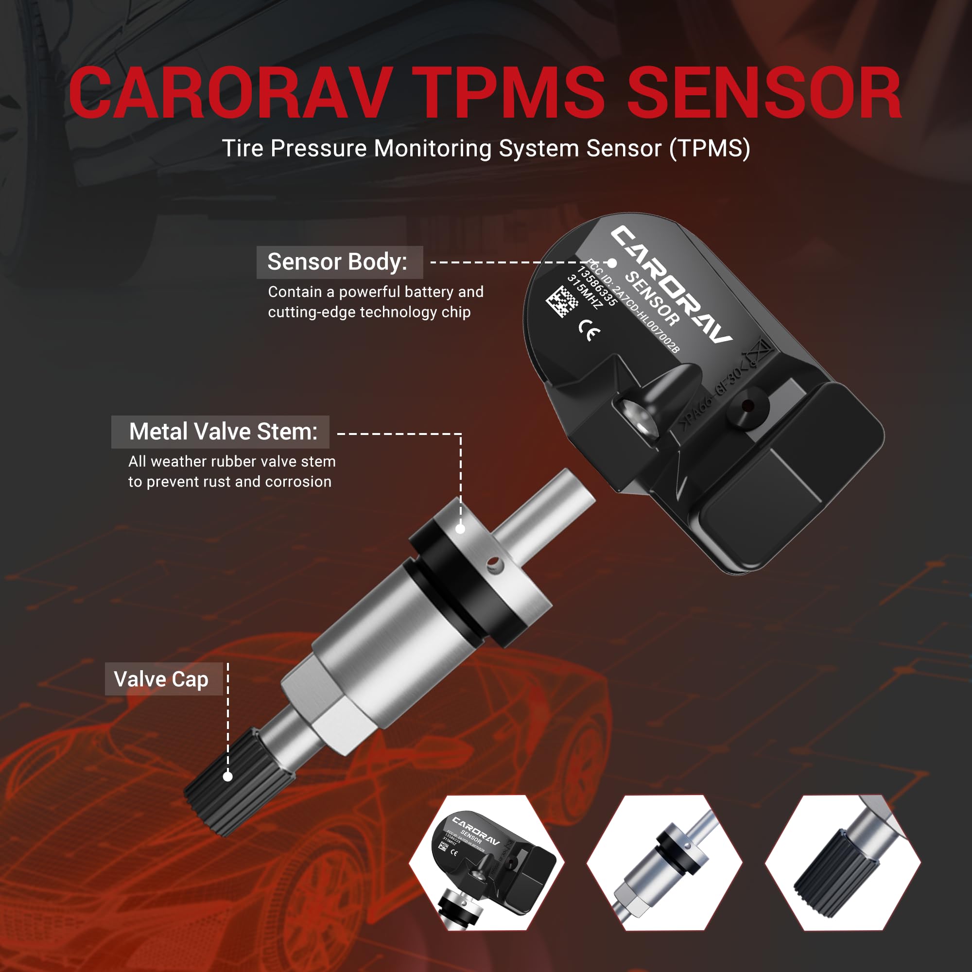 Carorav Tpms Sensor Gm, 4-Pack Tire Pressure Sensor Replacement For Gm Chevy Gmc Cadillac Buick, 315Mhz Oe Replaces# 13586335, 1