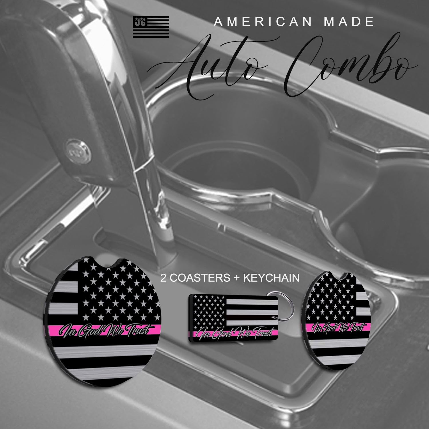 American Flag In God We Trust License Plate Frame + Pink Line Coasters + Keychain - Perfect For God And Country Lovers - Tactica