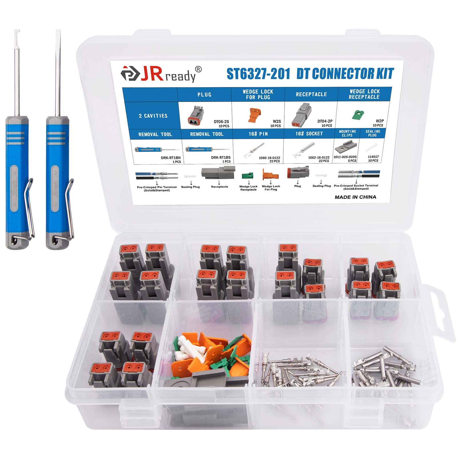 Jrready 2 Pin Way Deutsch Dt Connector Kit, Size 16 Stamped Contacts 14-18Awg, Seal Plugs, Dt04-2P Dt06-2S Gray Waterproof Autom