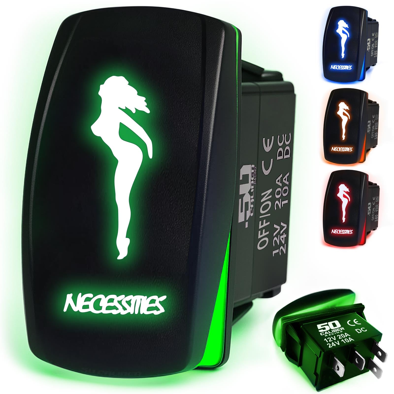50 Caliber Racing Rocker Switch On/Off Led Backlit -Necessities- Utv, Auto, Boat 20A 12V (Green)