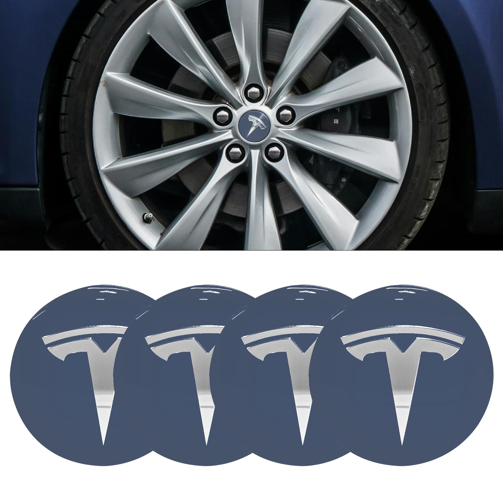 Knomix 4 Pack Aluminum Waterproof Wheel Cover Center Emblem Sticker for Tesla Model 3 Model Y 56mm Hubcaps Wheel Rim Cover (Silv