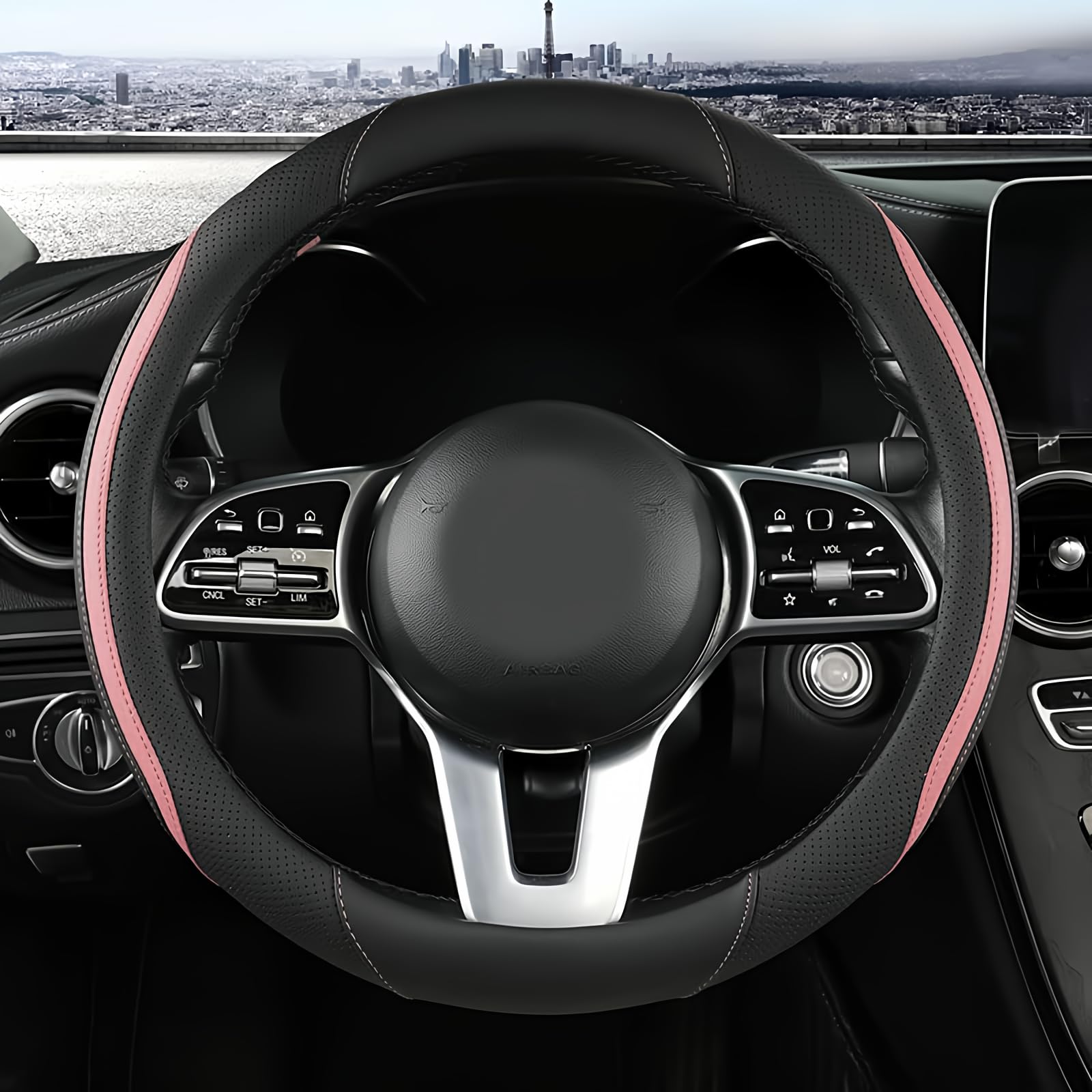 Car Steering Wheel Cover, Leather Steering Wheel Cover Pink Universal 14.5-15 Inch Microfiber Leather Anti-Slip Breathable Auto