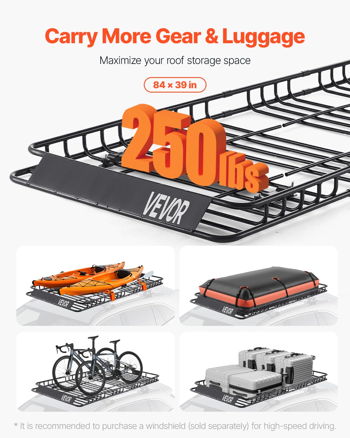 VEVOR Roof Rack Basket Cargo Carrier, 84x39 in, 250 lbs Capacity, Includes Bag & Net, Model 1209-5