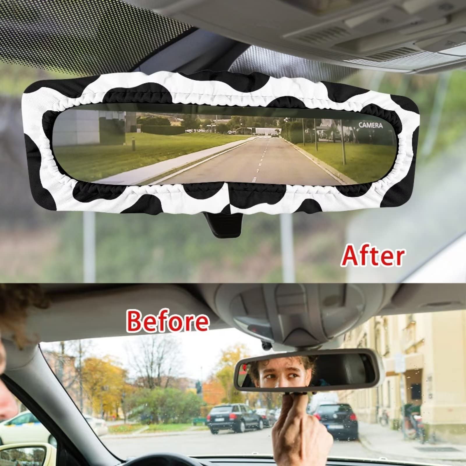 HUISEFOR Cow Print Car Rear View Mirror Cover Interior Mirror Accessories for Women, Fashion Elastic Rearview Mirror Sleeve Prot
