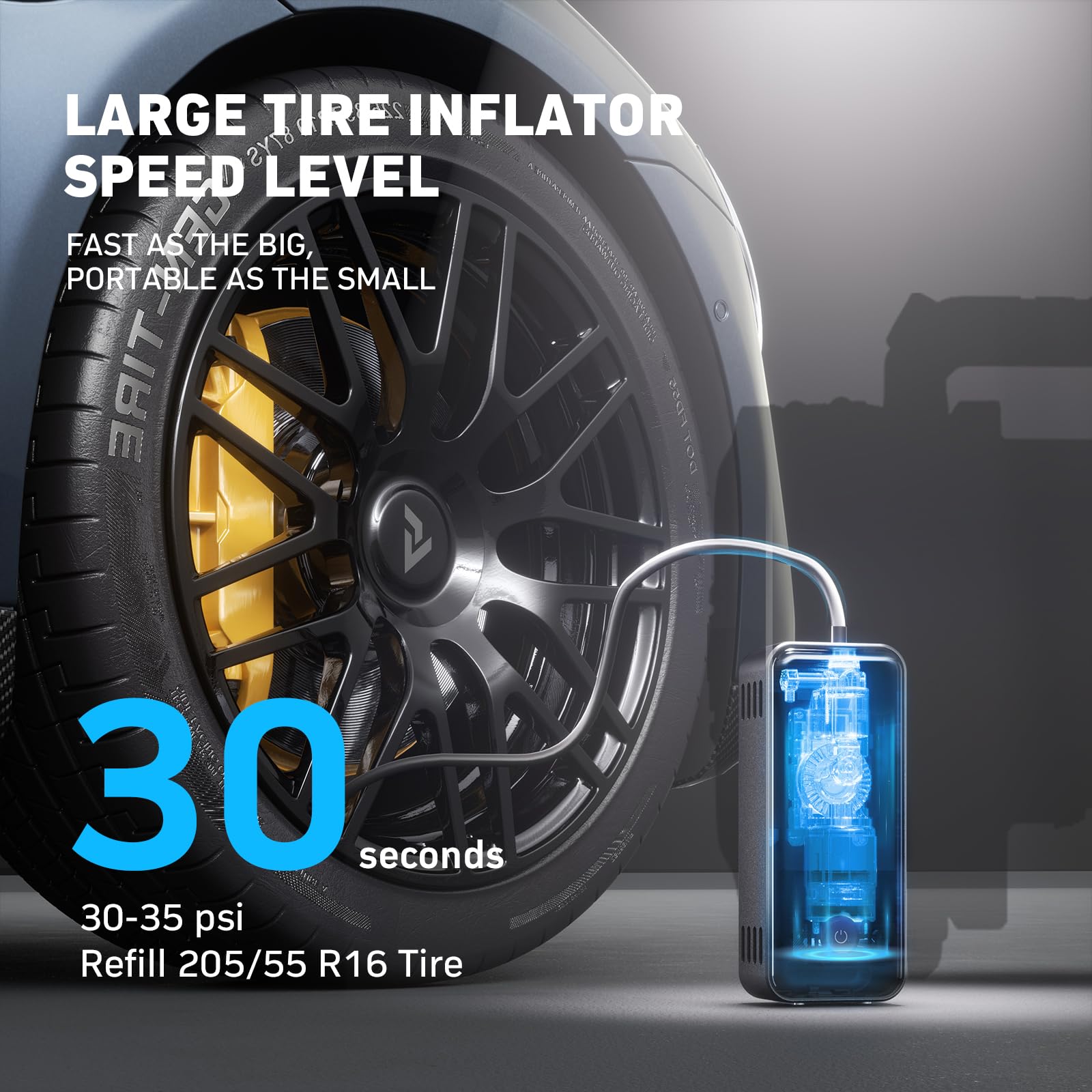 DENVIX MotorX Tire Inflator, Portable Air Compressor, 15000mAh, 65W Fast Charging, Spaceblack DWC02, 30 Sec Fast Inflation