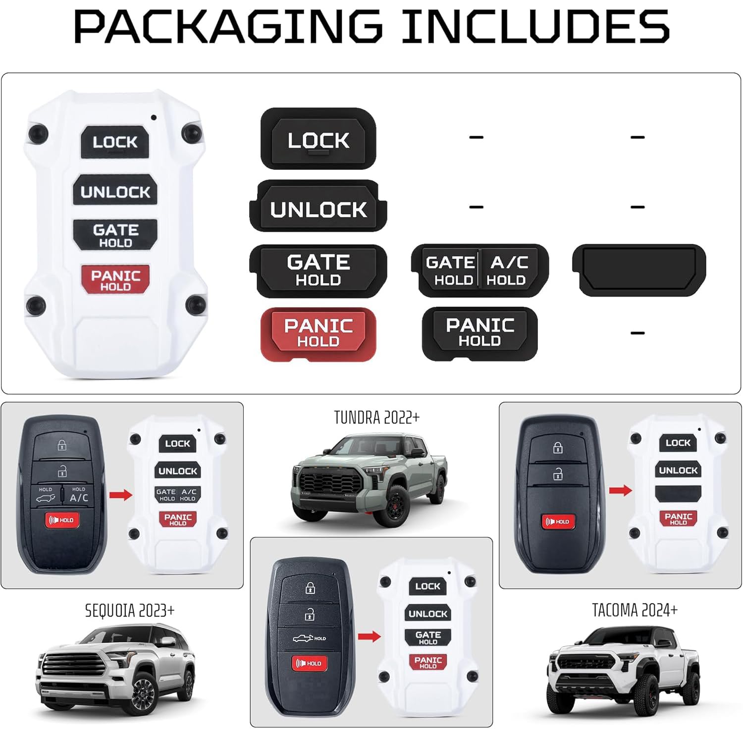 AJT DESIGN Key Fob for Toyota Tacoma, Tundra, 4Runner, Sequoia | Injection Molded ABS Plastic, White, Model 00634