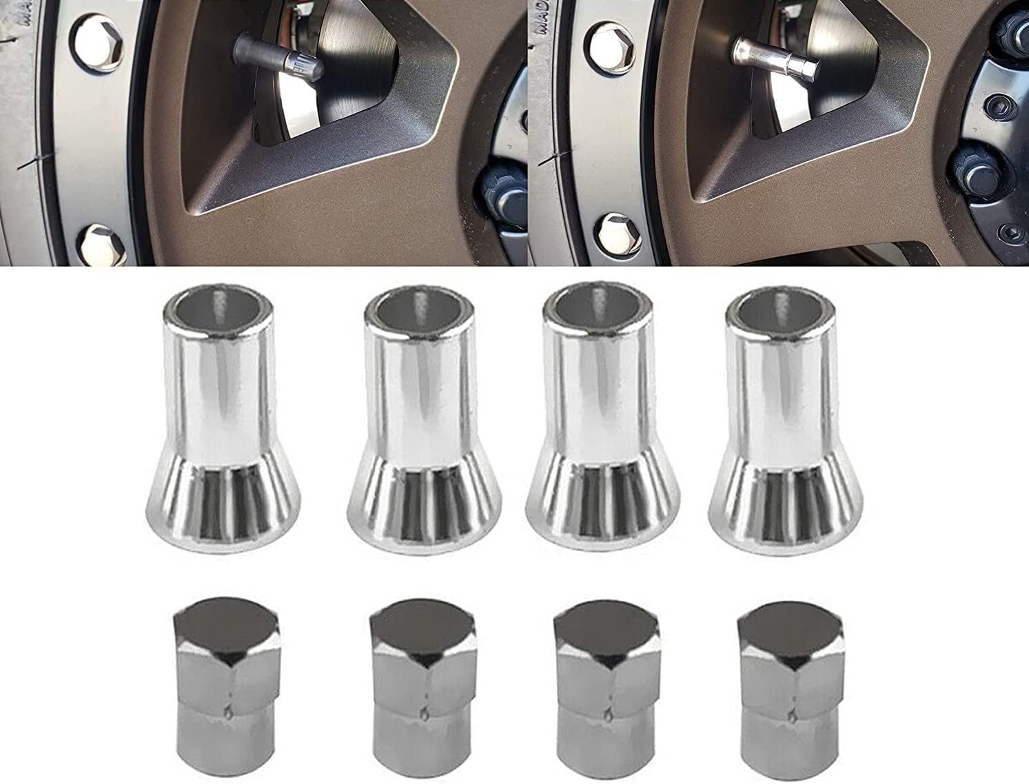 Muzzys TR413 Chrome Valve Stem Sleeves and Caps Dress Up Kit, Set of 4 for Car and Truck Rubber Tire Valve Stems, for 0.8'' Tall