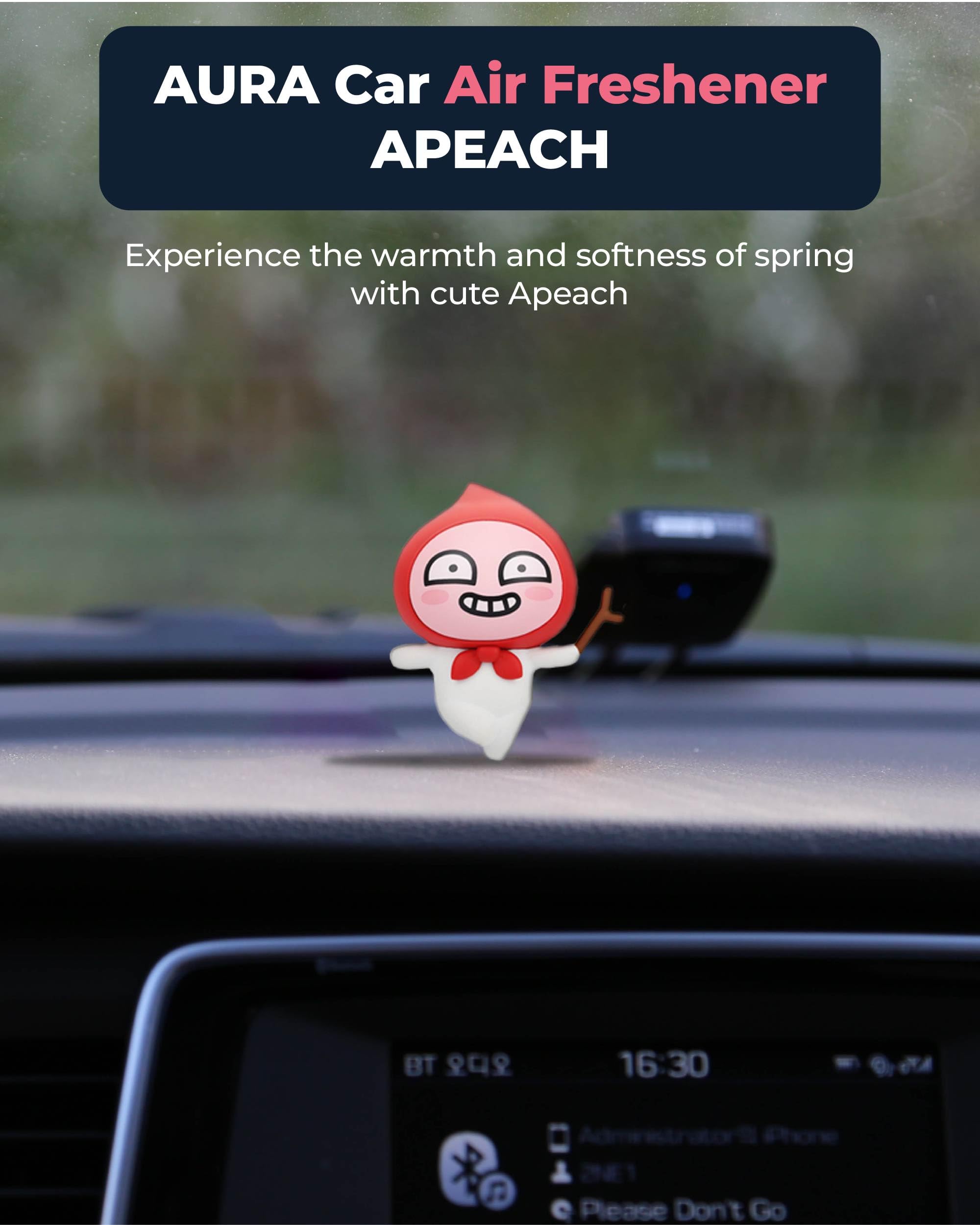 Aura Car Air Freshener Vent Clip, Apeach (Flower By Flora, 0.07Fl Oz) - Long-Lasting Odor-Fighting Scent. Kakao Friends Figurine