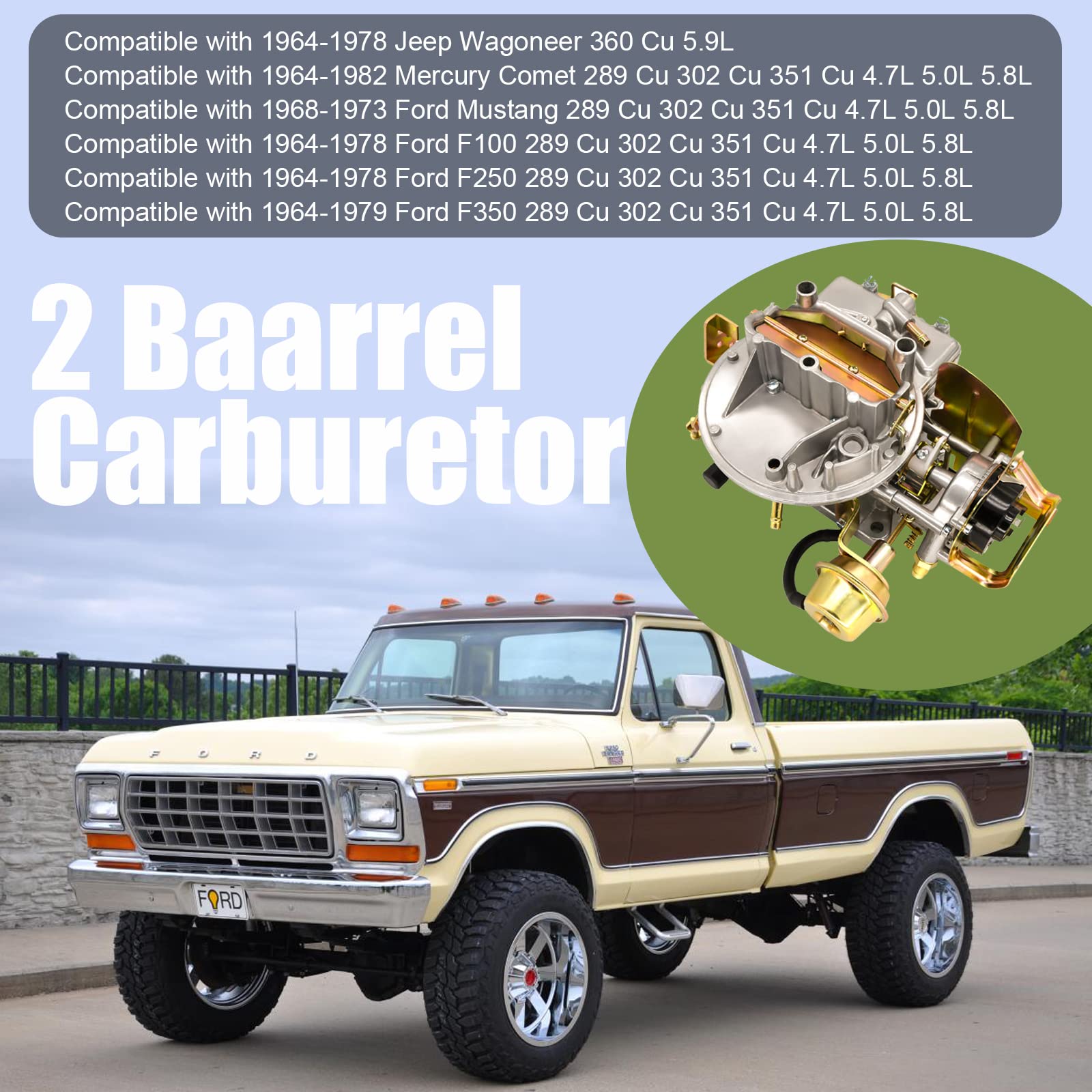 BOOTOP PIN 2 Barrel Carburetor 2100 2150 for Ford F100 F250 F350 & Jeep - Electric Choke, Mounting Gasket Included, Model 289 Carb