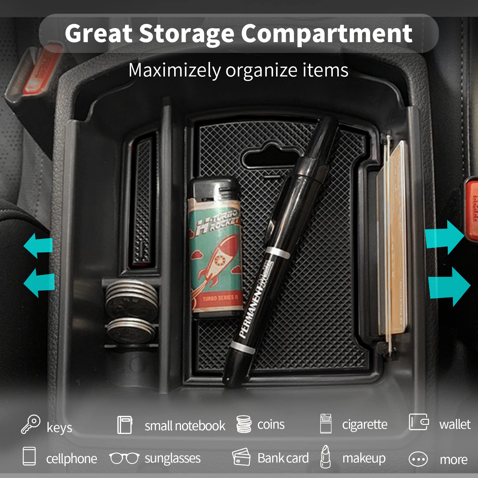 CDEFG Center Console Organizer Tray for 2020-2025 Kia Seltos, ABS Plastic, Black Trim, Coin Container, Armrest Storage Box
