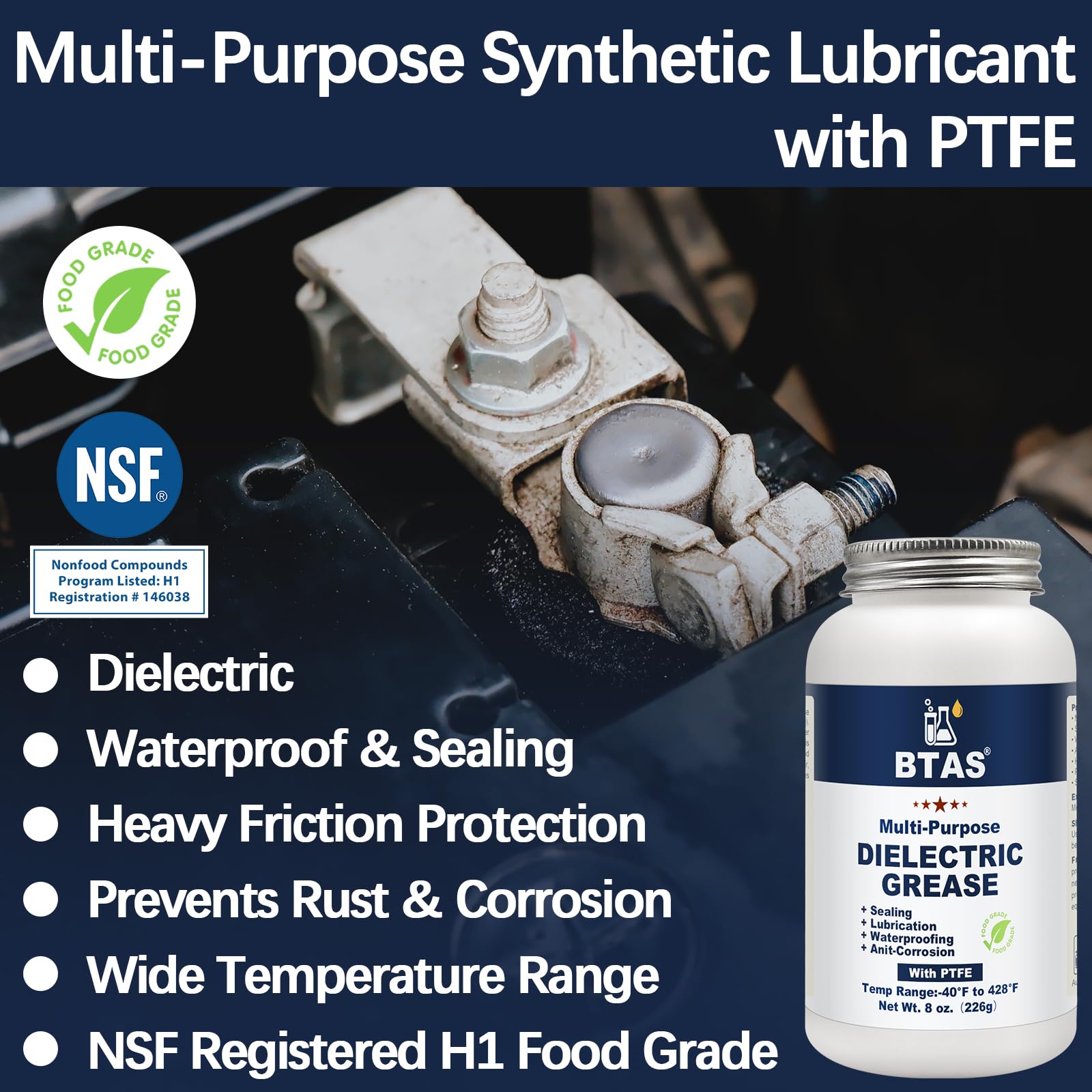 BTAS Dielectric Grease for Automotive Connectors, 8 oz Silicone Paste, Model XG800, Corrosion Preventer with PTFE