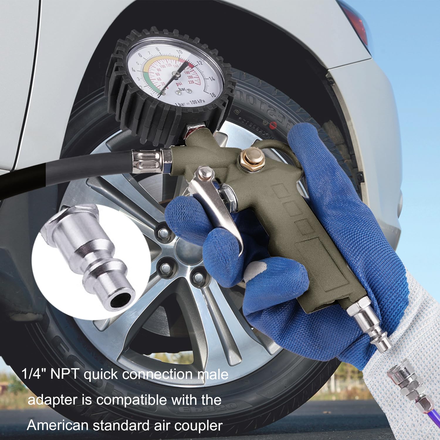Ladfath Tire Inflator With Pressure Gauge, 0-220Psi Dial Wheel Air Tire Pressure Gauge, Heavy Duty Rubber Hose With Quick Couple