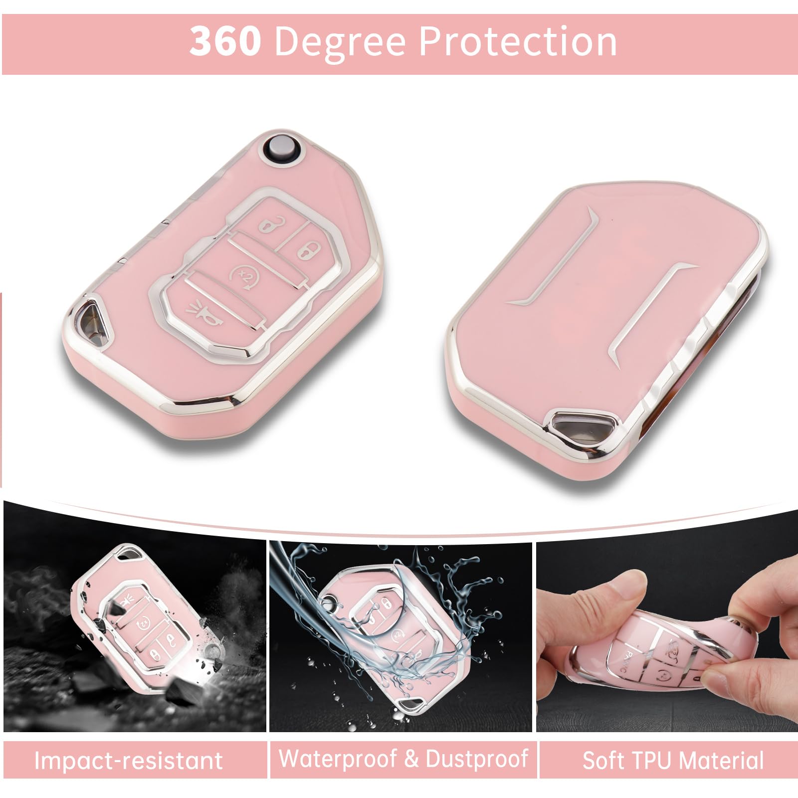 Pangpai Pink Car Accessories 3 Pcs For 2018-2022 Jeep Gladiator Wrangler Sahara Rubicon Key Fob Cover With Bling Keychain Cute P