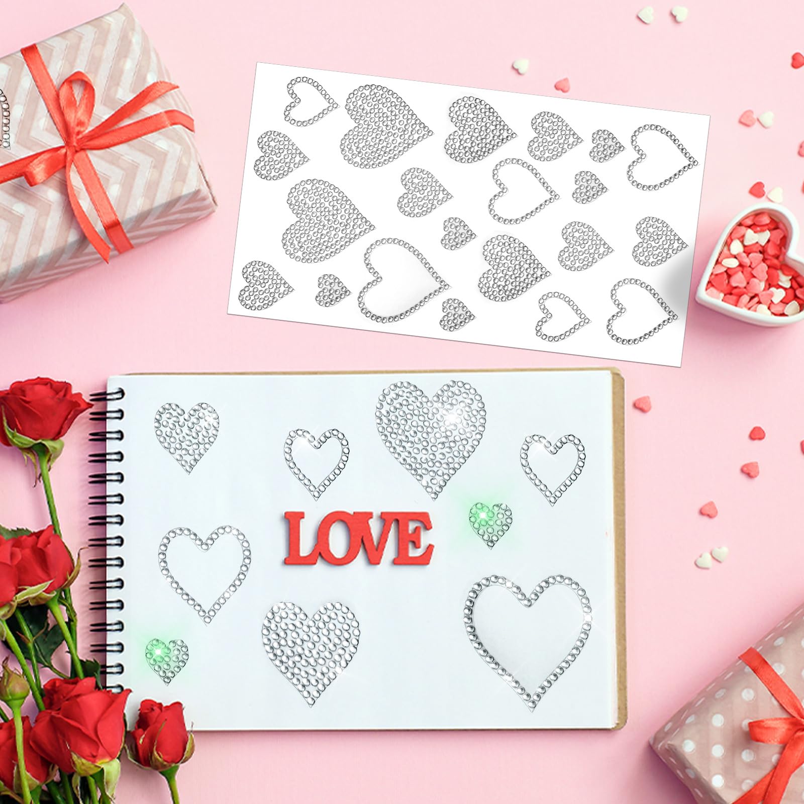 Epakh 84 Pcs Valentine Rhinestone Heart Stickers Glitter Bling Heart Crystal Silver Self Adhesive Sticker For Holiday Decal Deco