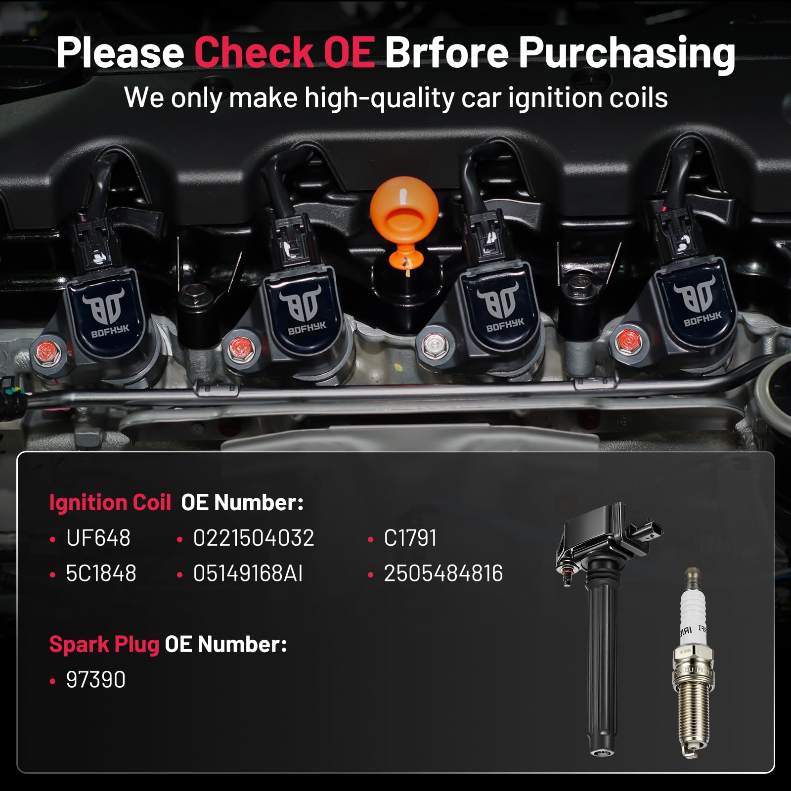 BDFHYK Ignition Coil Pack UF648 and Iridium Spark Plugs 97390 Compatible with Chrysler 200 300 Dodge Challenger Avenger Jeep Gra