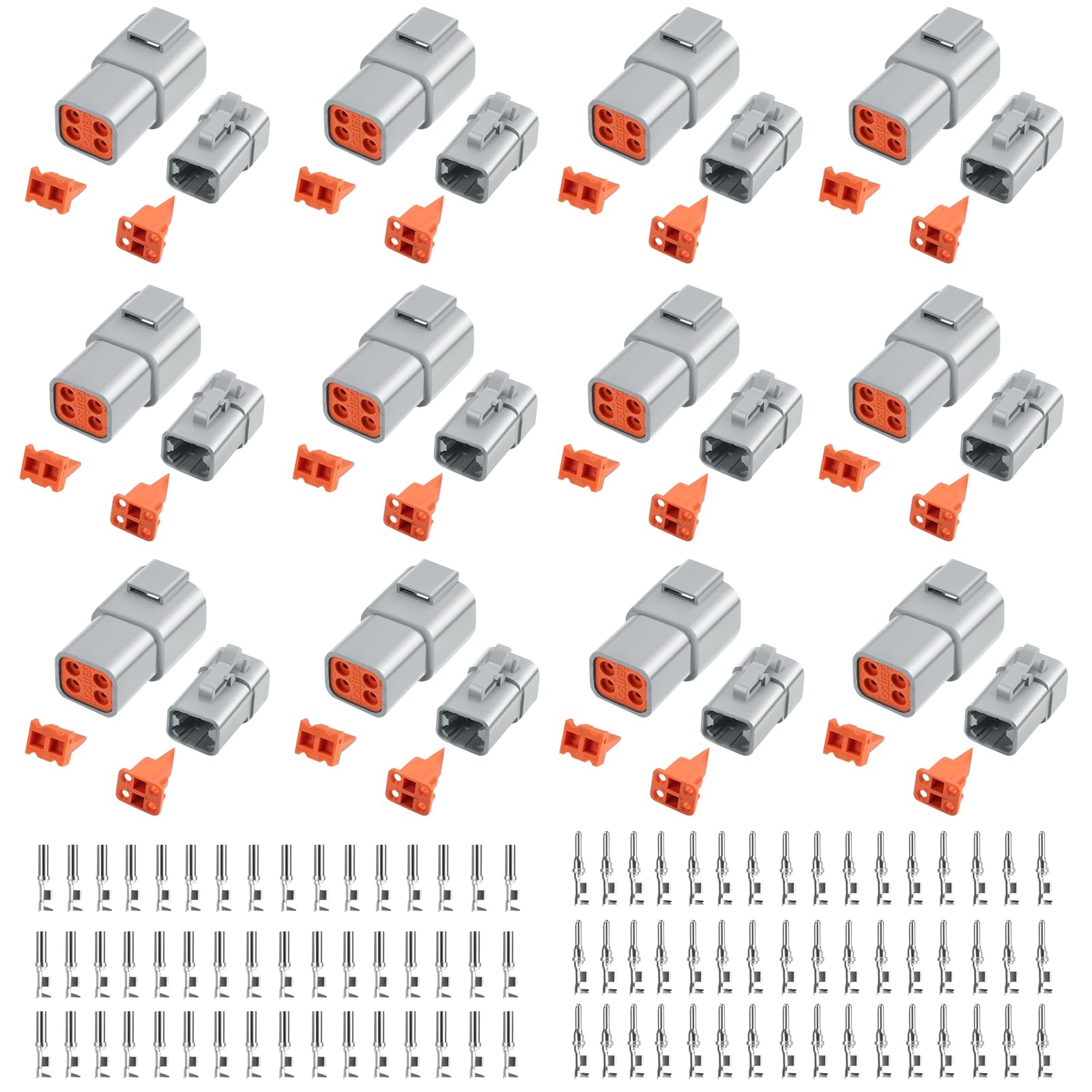144 PCS Deutsch DTP Connector Kit 4 Pin Automotive Waterproof Connectors 12 sets with Size 12 Stamped Contacts Gauge 14-12 AWG W