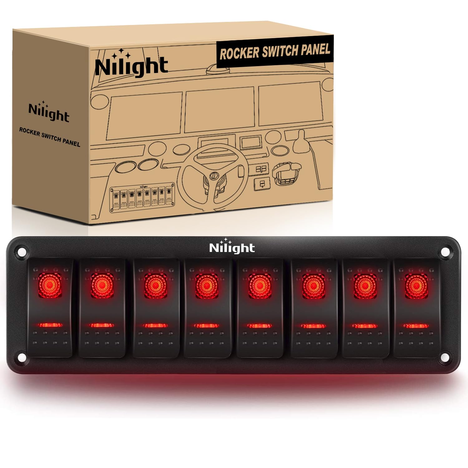 Nilight 8 Gang Rocker Switch Panel 5Pin On Off Toggle Switch Aluminum Holder 12V 24V Dash Pre-Wired Red Backlit Switches For Aut