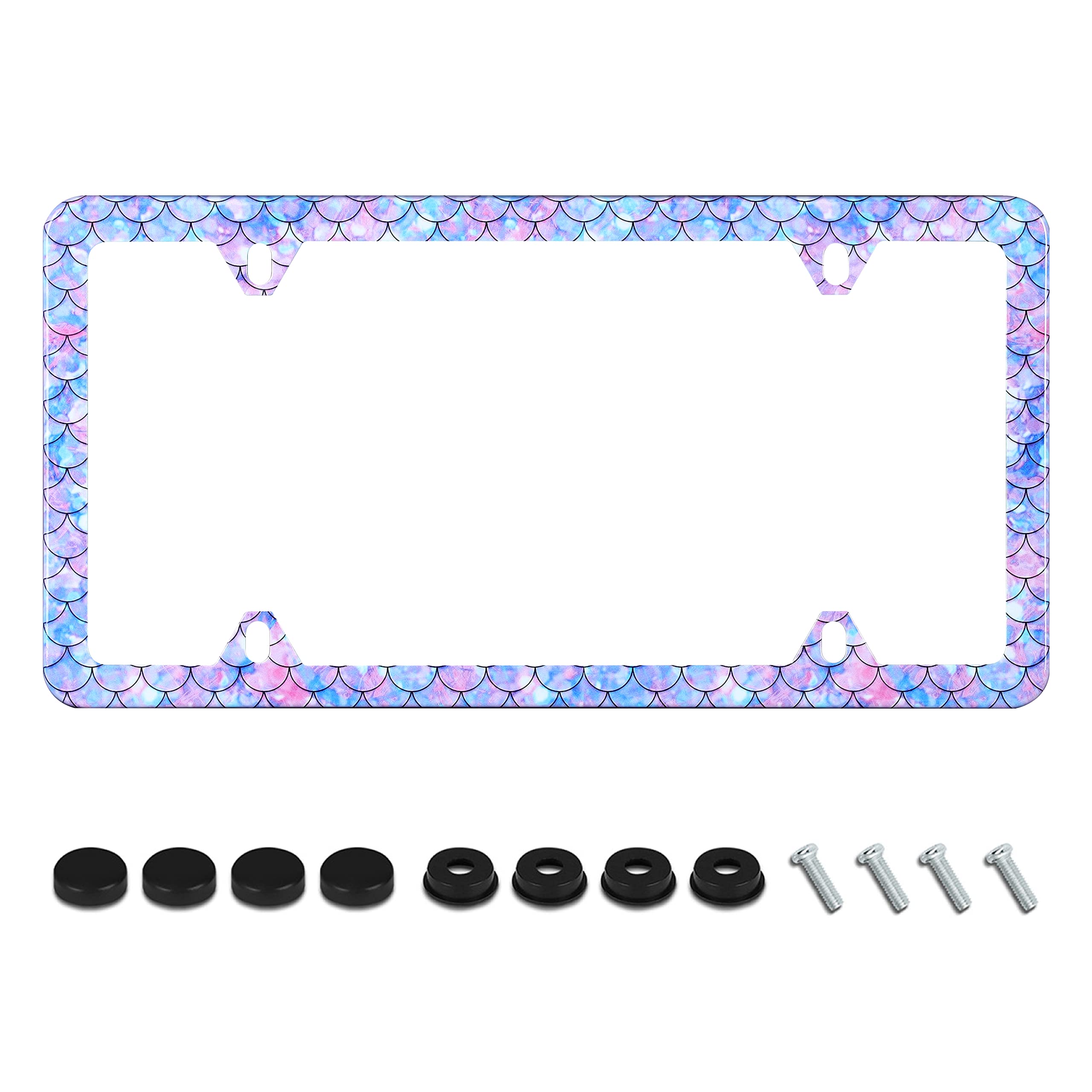 Mermaid Fish Scale Print License Plate Frame Beautiful License Plate Holder Stainless Steel Auto Parts Decoration With Screws Fo