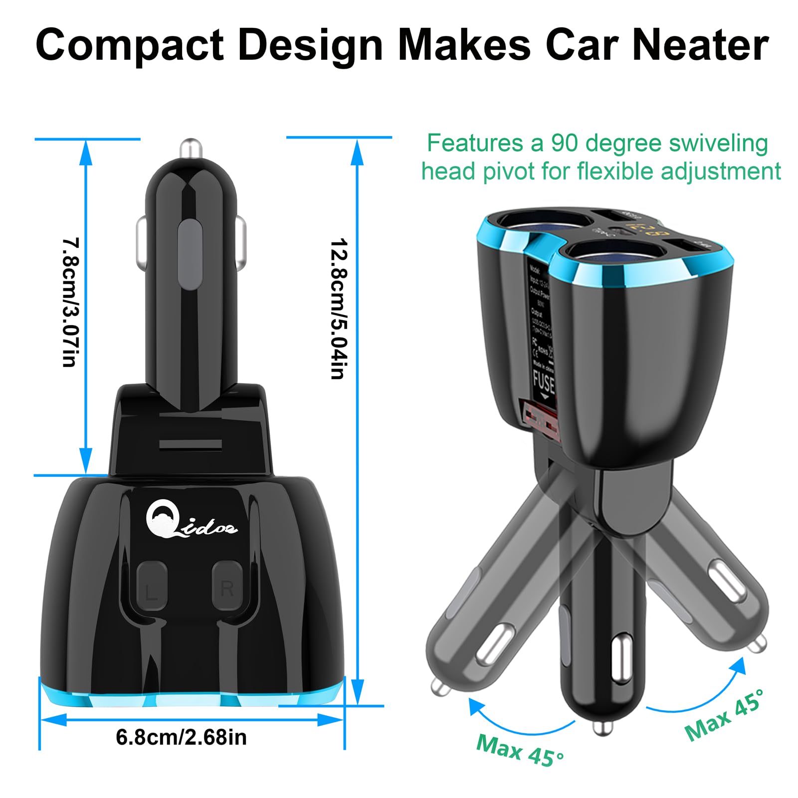 Cigarette Lighter Splitter: Usb C 12V Car Charger Adapter 2 Socket Type C Multi 12 Volt Power Outlet 24V Dc 80W With Led Voltmet