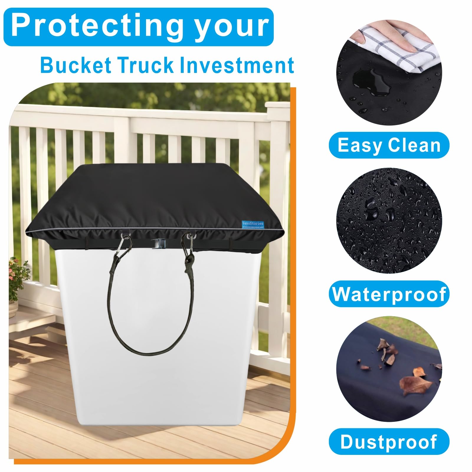 VeyoStories Bucket Truck Cover - Tear-Resistant 600D Oxford Cloth, 28" x 28", Black, Model 6825-S, Elasticated Cord Buckle, Cover Only