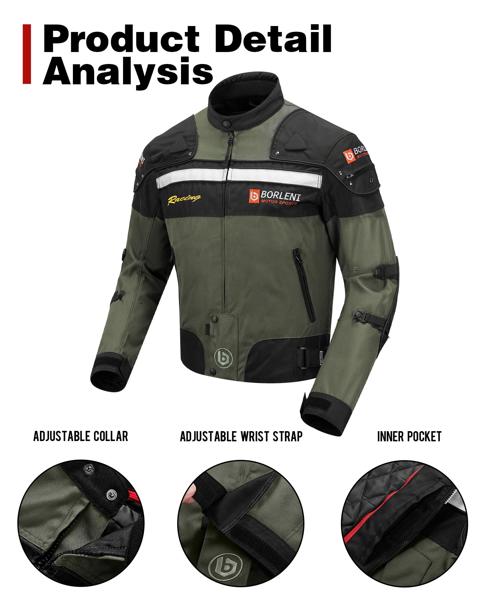 BORLENI Motorcycle Jacket, Windproof Full Body Protective Gear, CE Armor, Large, Green, Model D-020, Polyester