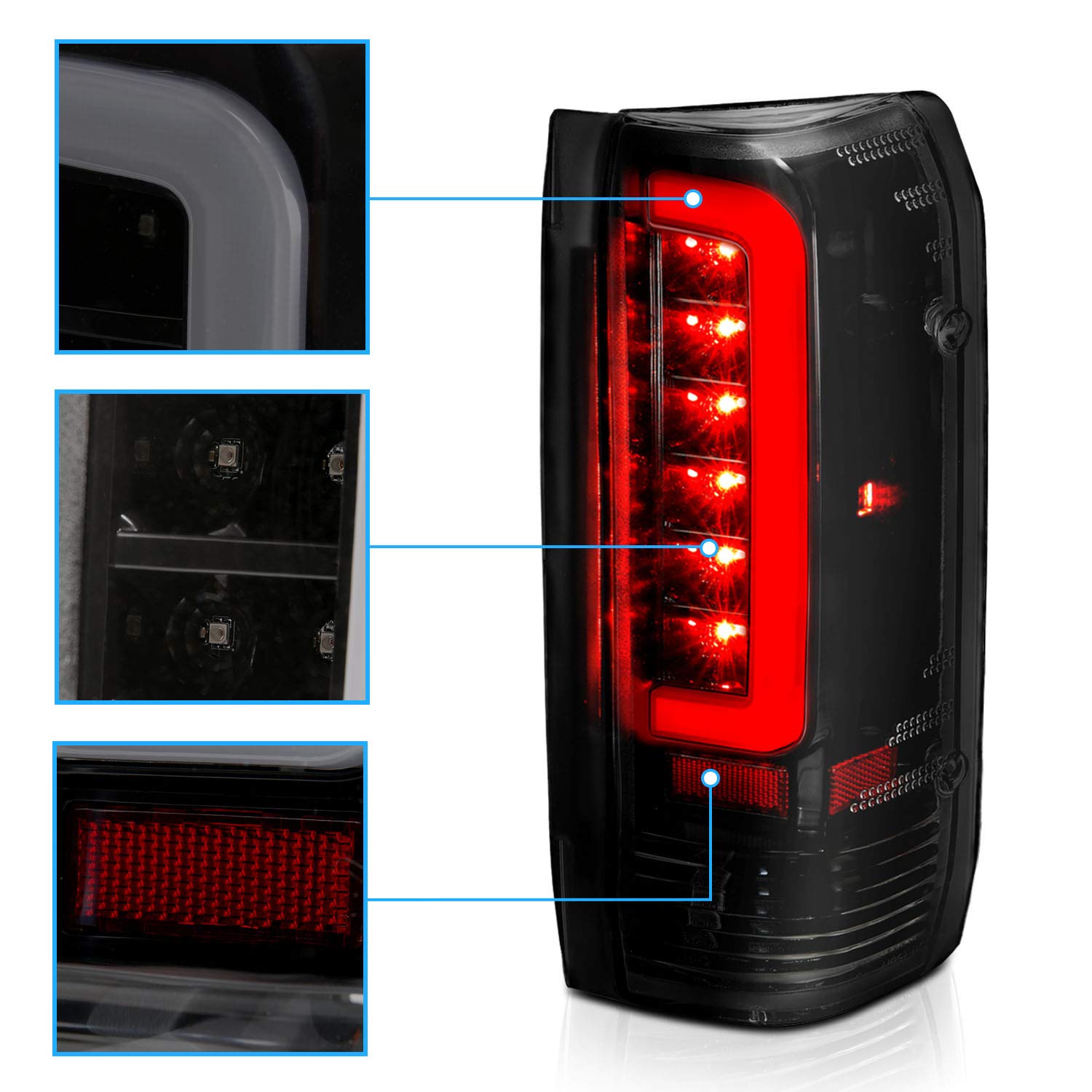 AmeriLite 3D C-Type Halogen & LED Tail Light Set for 1989-1996 Ford F150/Bronco/F250/F350, Dark Smoke, Black, Passenger & Driver