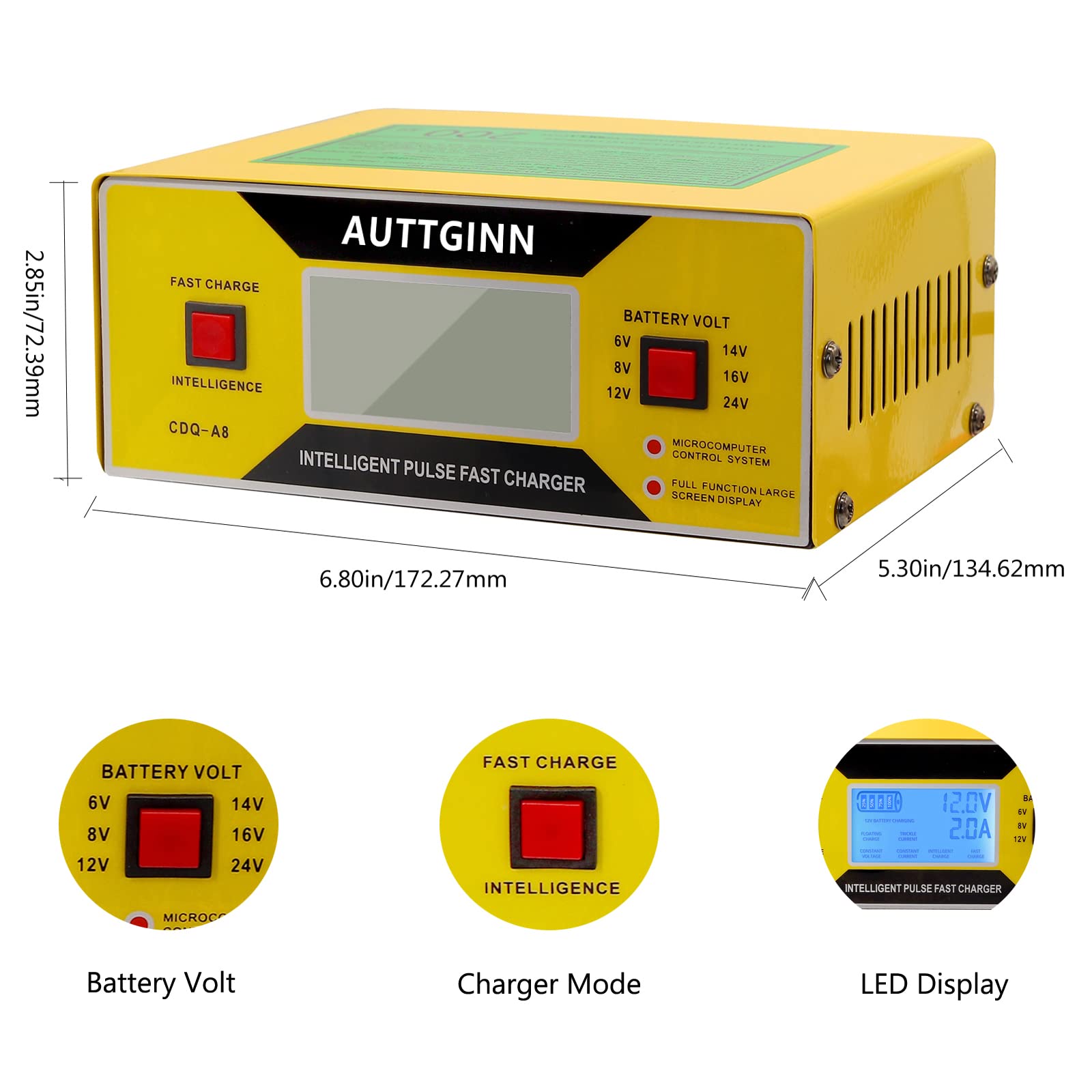 AUTTGINN Smart Adjustable 0-10Amp Battery Charger for 6-24V Cars, RVs, Golf Carts - Yellow, Model A8