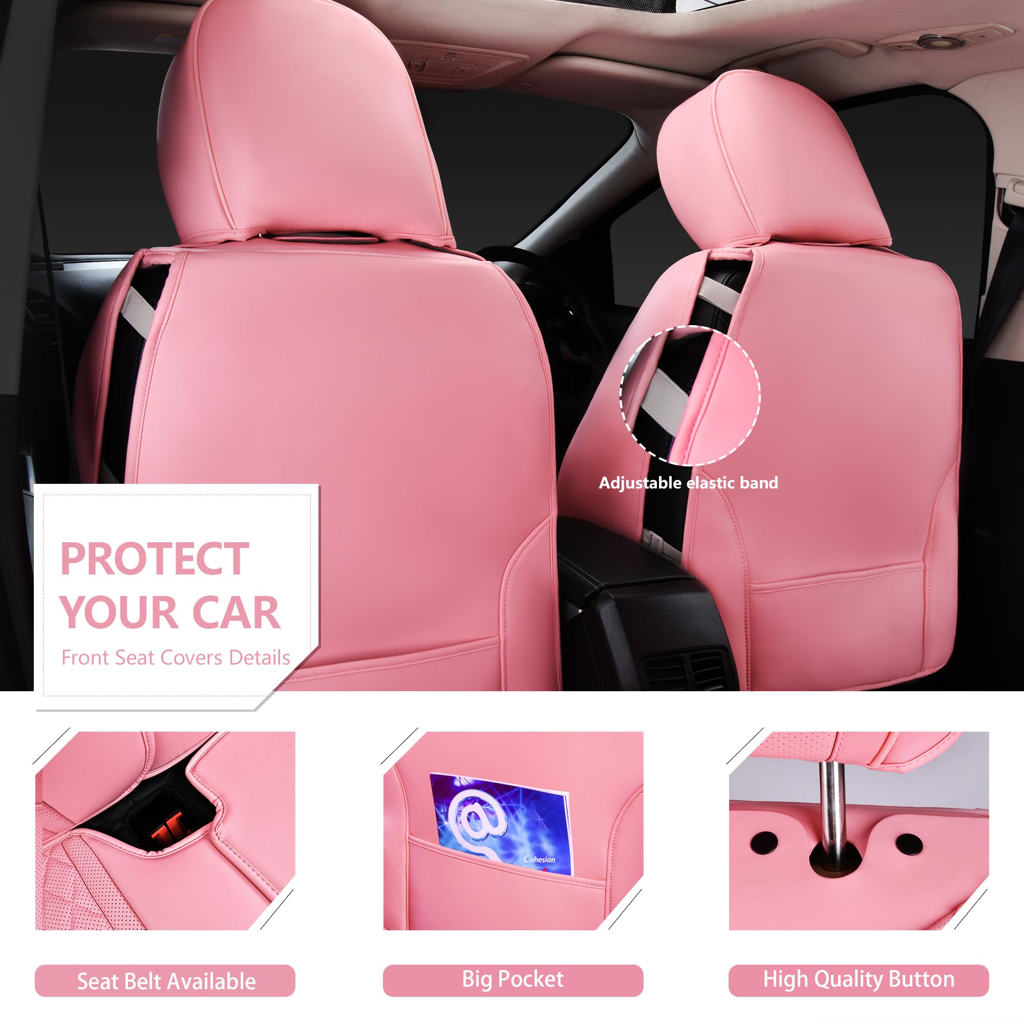 CAR PASS Bling Pink Nappa Leather Car Seat Covers, Waterproof Heavy-Duty, Anti-Slip, Universal Fit for Front Seats