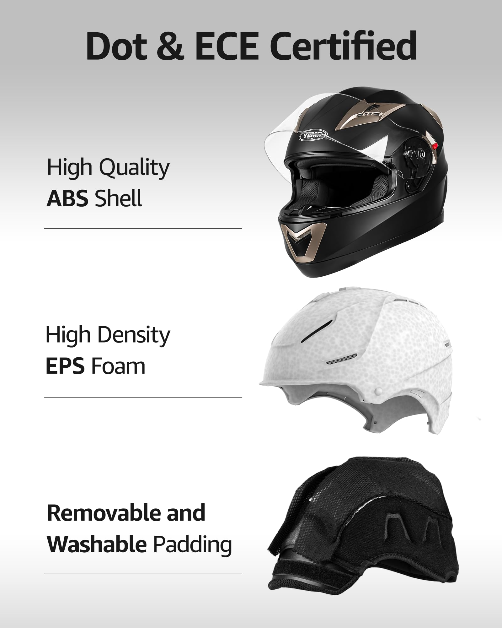 YEMA Helmet Motorcycle Full Face Helmet DOT Approved, Medium, Matte Black, Model YM-829, with Sun Visor for Adults and Youth