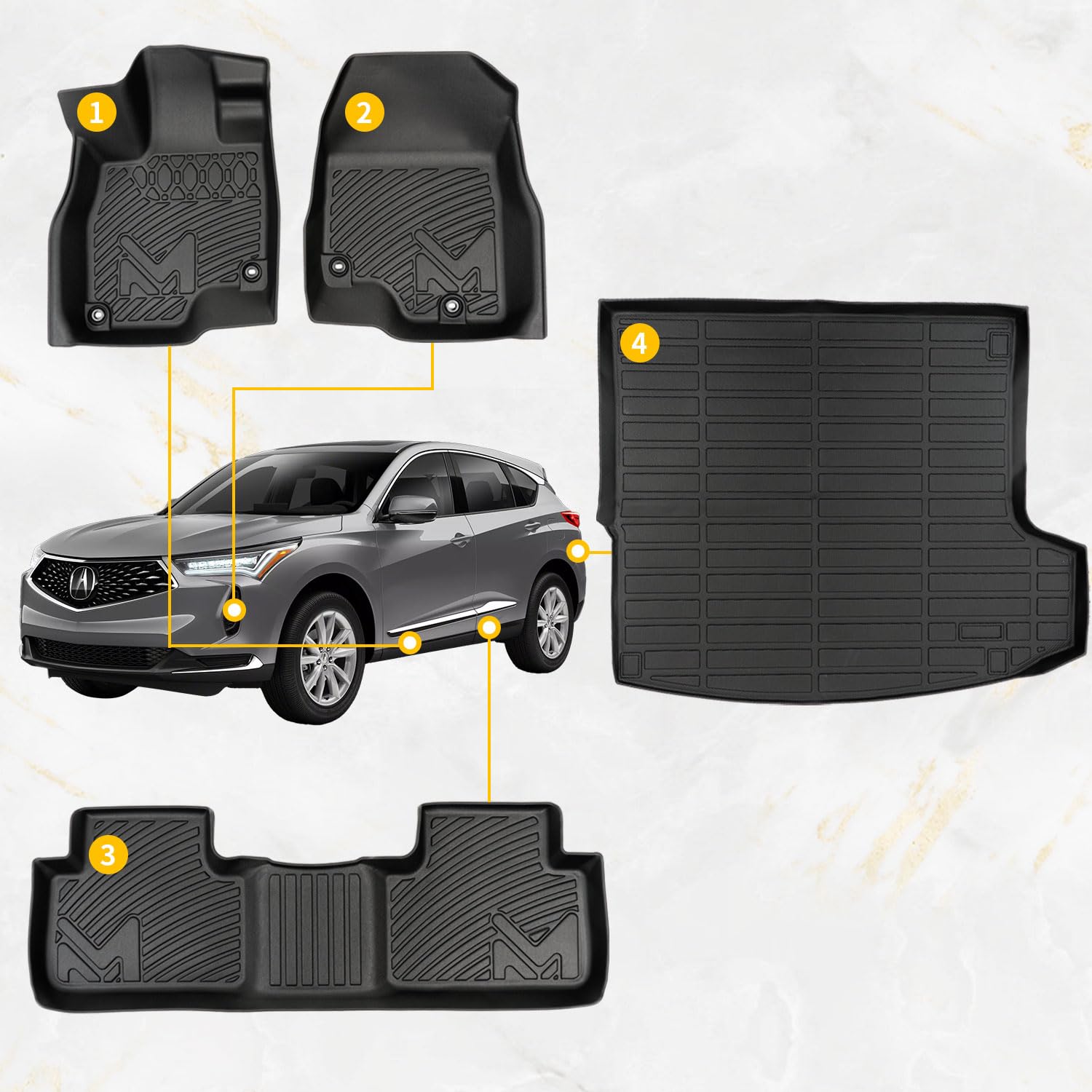 Tpe Automotive Floor Mats & Cargo Liner Custom For 2019-2025 Acura Rdx, All Weather Cover Protection Waterproof Black Floor Line