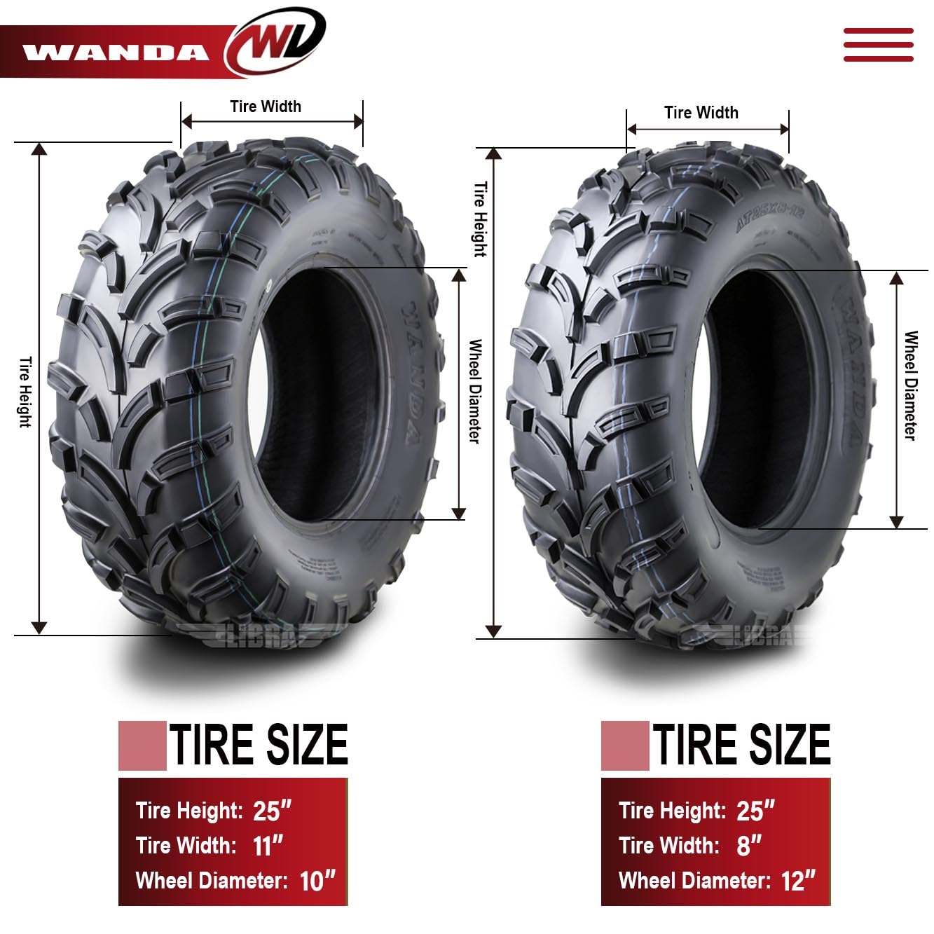 Wanda Utv Atv Tires (2) 25X8-12 Front & (4) 25X11-10 Rear /6Pr P373 Lit Mud 6 Wheelers