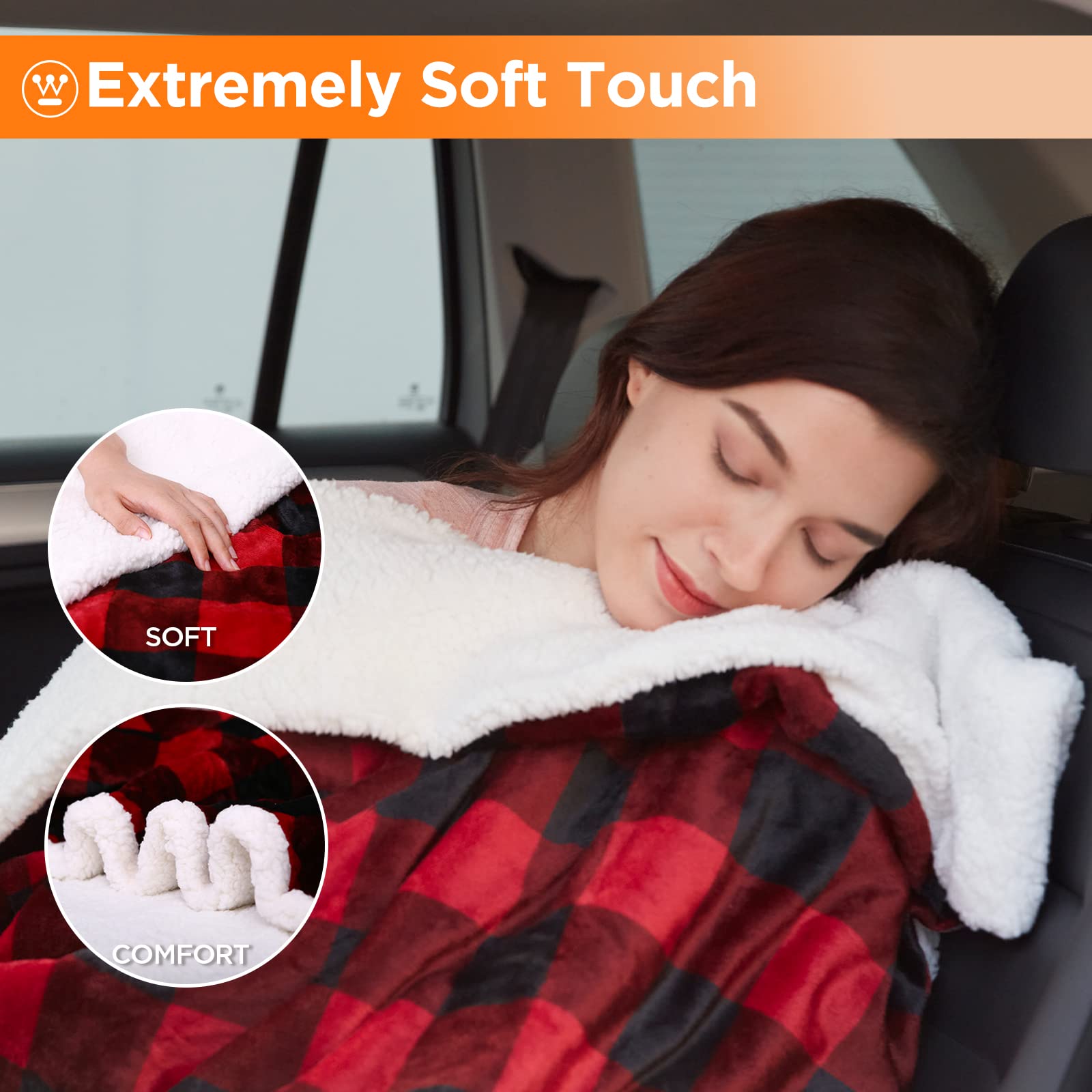 Westinghouse Heated Car Blanket, 12-Volt Electric Blanket For Car, Truck, Suv, Rv, Portable Heated Throw For Camping, Red Buffal