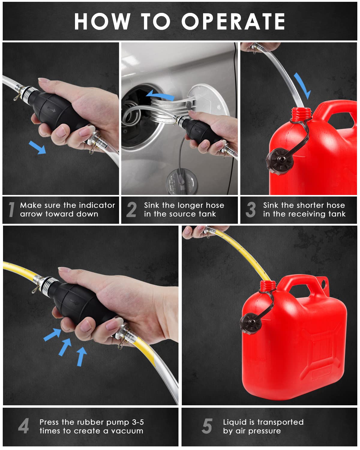 Katumo Gasoline Siphone Hose, Gas Oil Water Fuel Transfer Siphon Pump, Portable Widely Use Hand Fuel Pump, Fuel Transfer Pump With 2 Durable Pvc Hoses