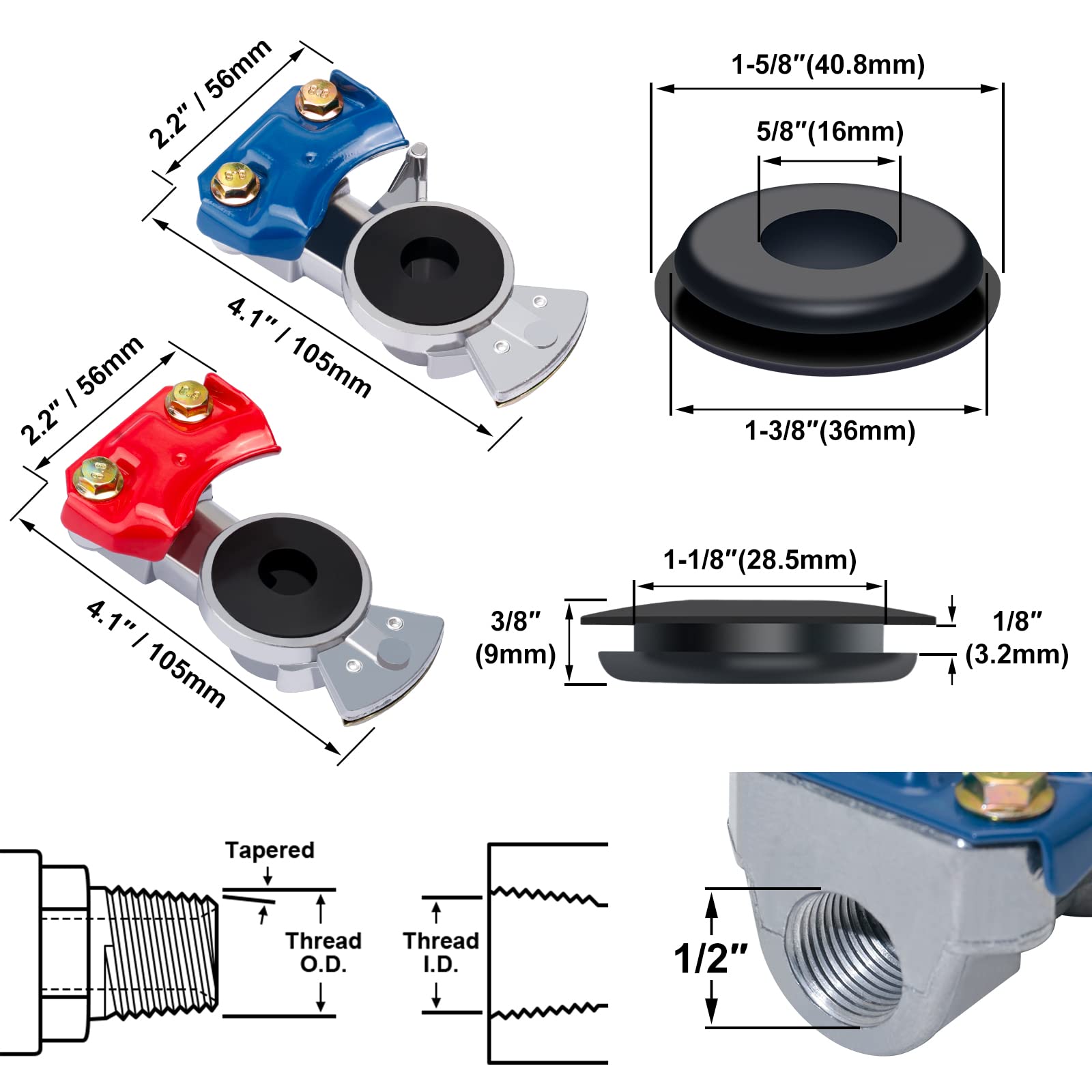 Kootans 1 Pair Aluminum Glad Hands With Glad Hand Seals Universal Red Blue Emergency & Service Gladhand Kit For Semi Truck Trail
