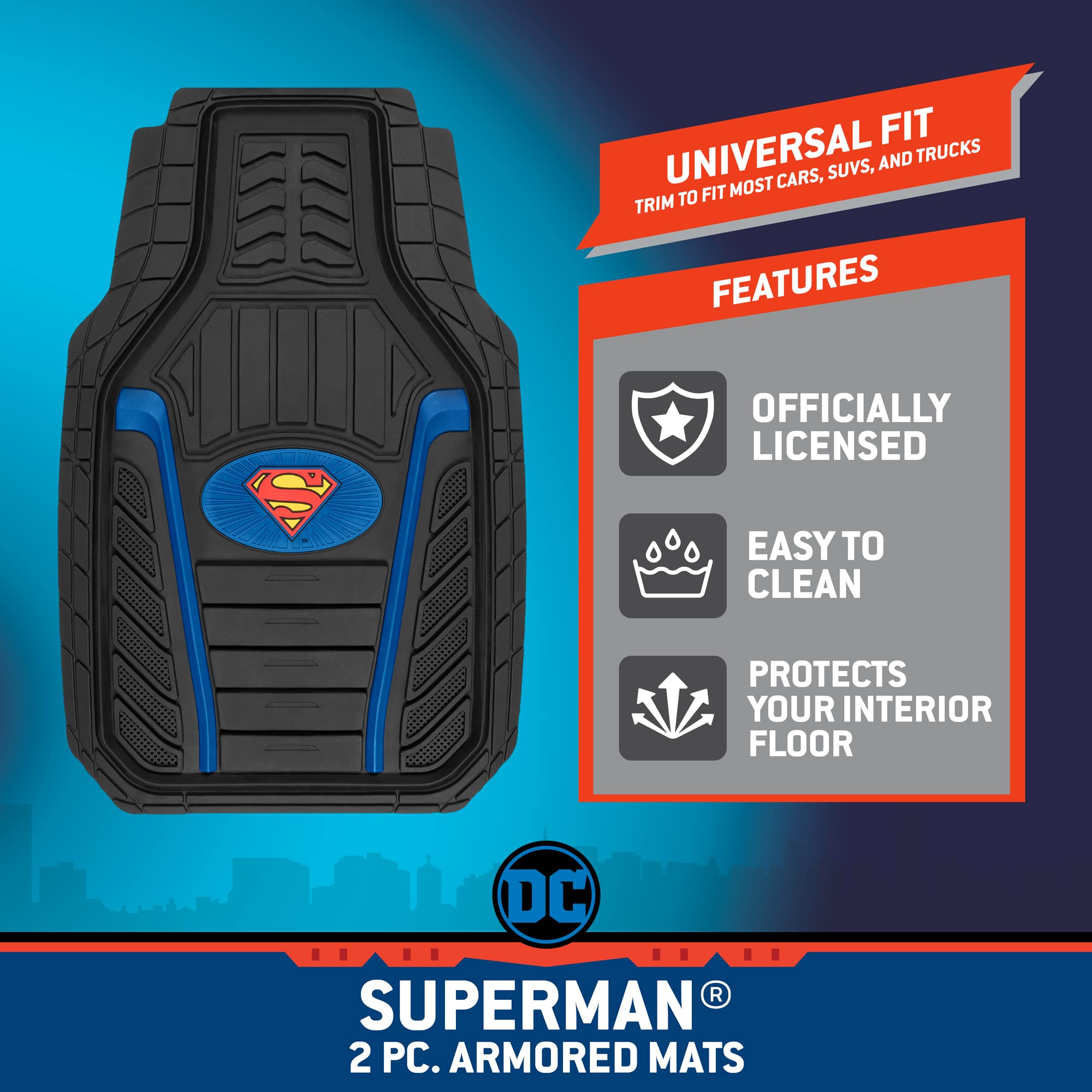 BDK Armored Superman Car Floor Mats - Heavy Duty Rubber Liners for All Weather - Model WBMT-1692