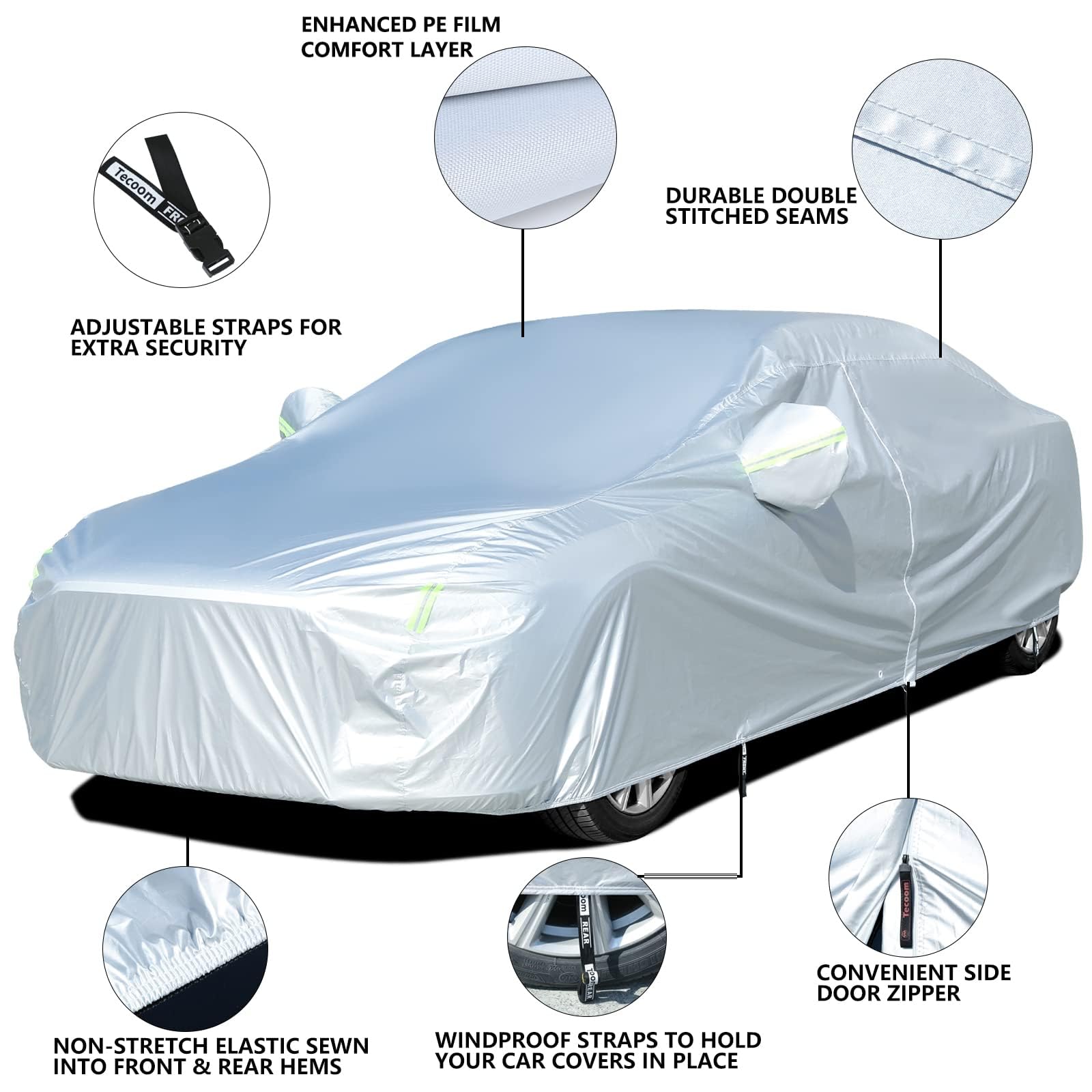 Tecoom Hard Shell Oxford Material Door Shape Zipper Design Waterproof Uv-Proof Windproof Car Cover For All Weather Indoor Outdoo