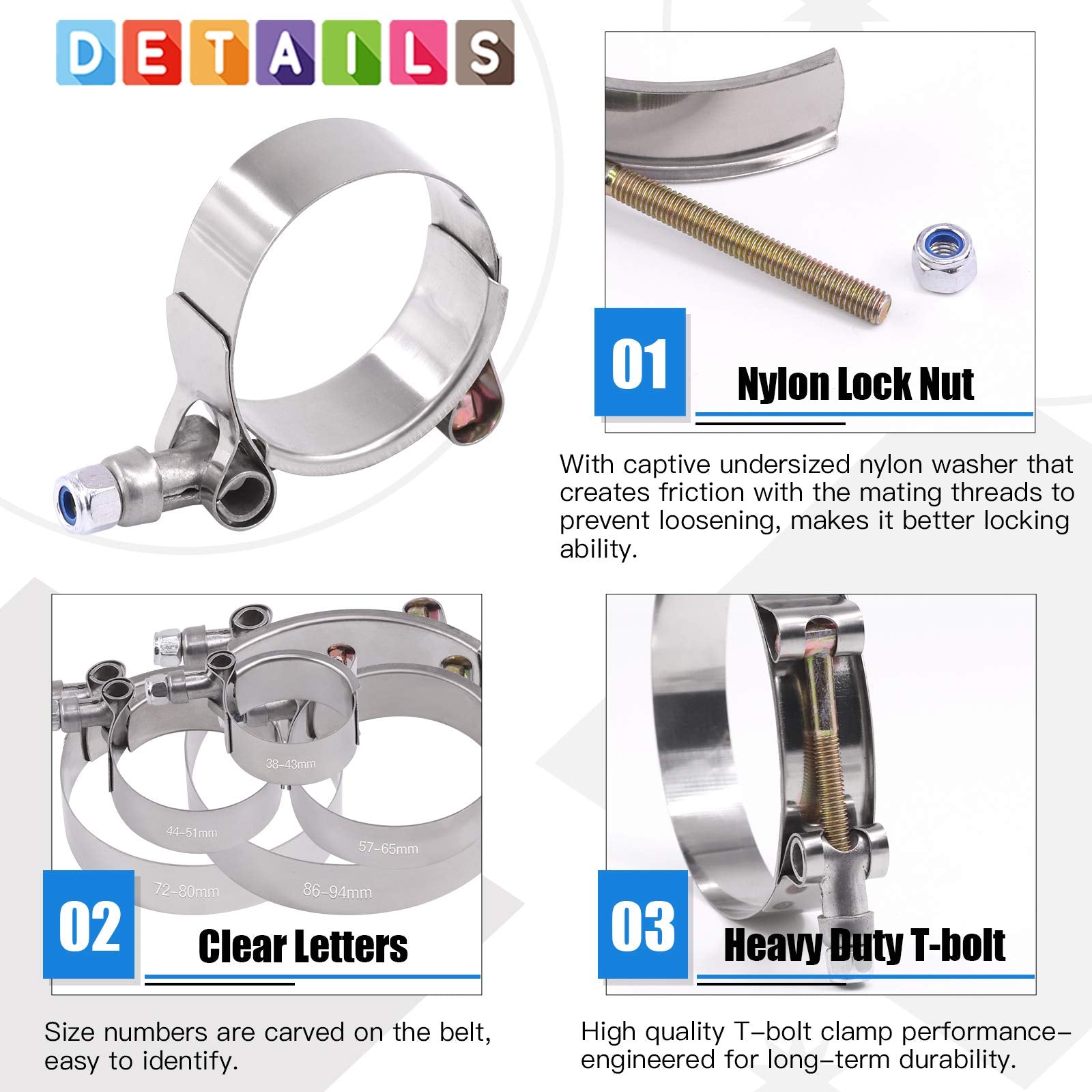 Glarks 5Pcs 51-59mm Stainless Steel T-Bolt Hose Clamps Turbo Intake Soft Hose Intercooler Clamps