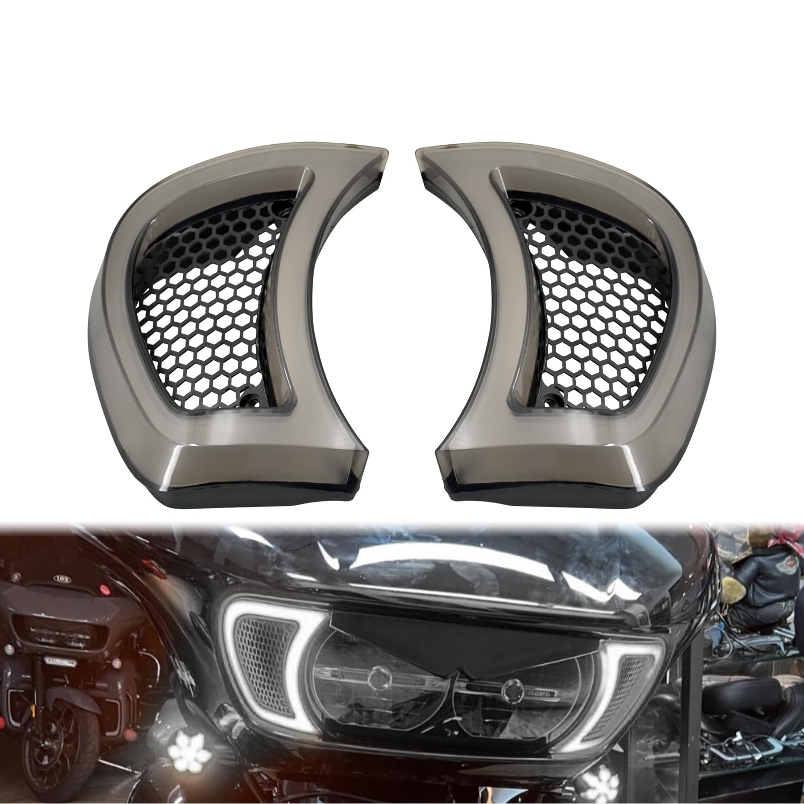 HDBUBALUS Motorcycle Headlight Vent Accent Turn Signal LED Indicator Side Lights For Harley Road Glide FLTRX 2015-2023 Smoke