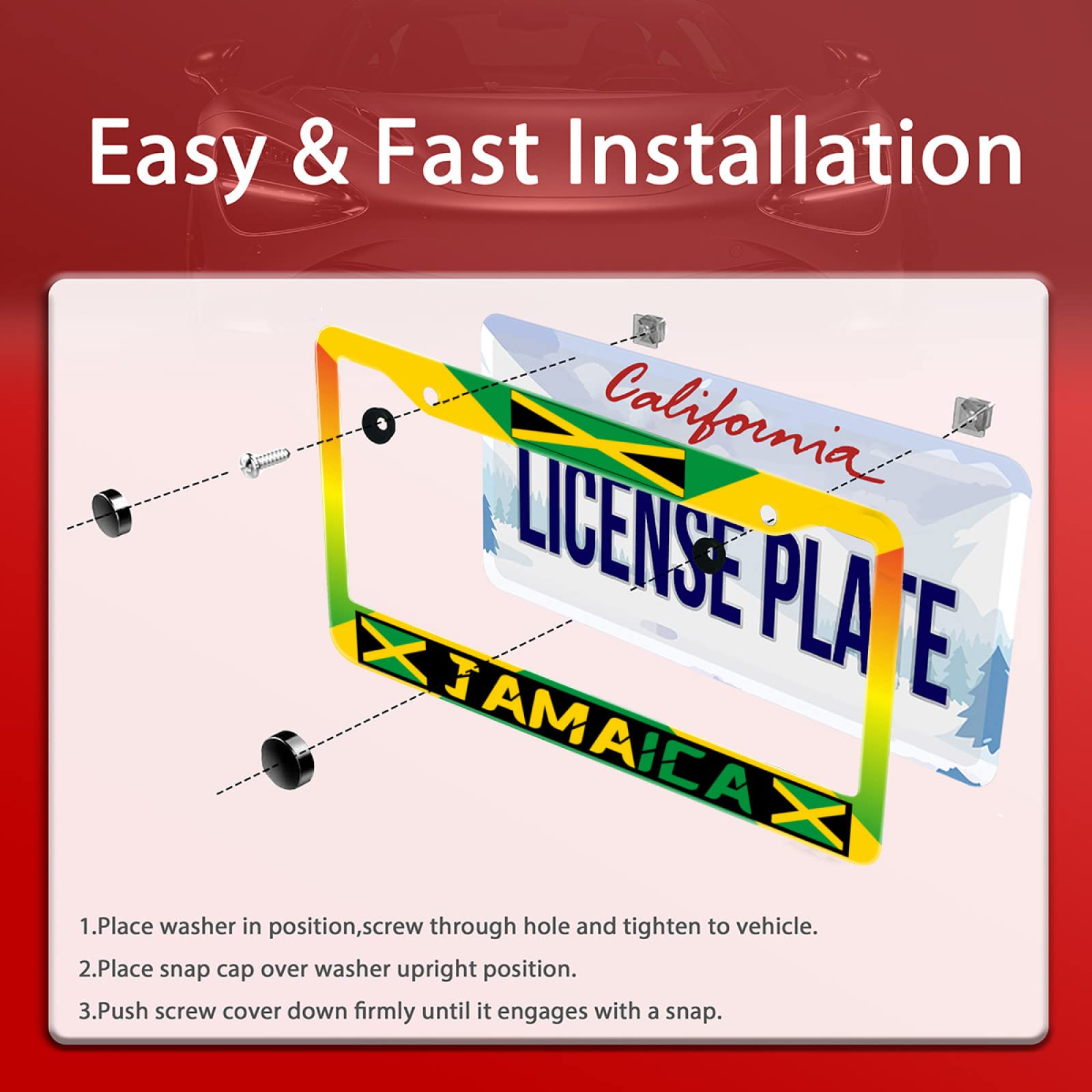 UNINDREM Jamaica License Plate Frame, Stainless Steel, Rust-Proof, 12x6 Inch, Jamaican Flag Design, Auto Parts Decoration for Men and Women