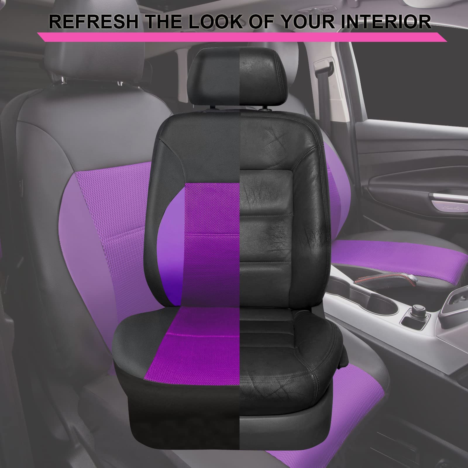 Car Pass Luxurious Faux Pu Leather Universal Seat Covers Set, Fit For Vehicles Sedan Suvs Trucks With Super 5Mm Composite Sponge Inside, For Cute Women Girly, Airbag Compatible (Black And Purple)