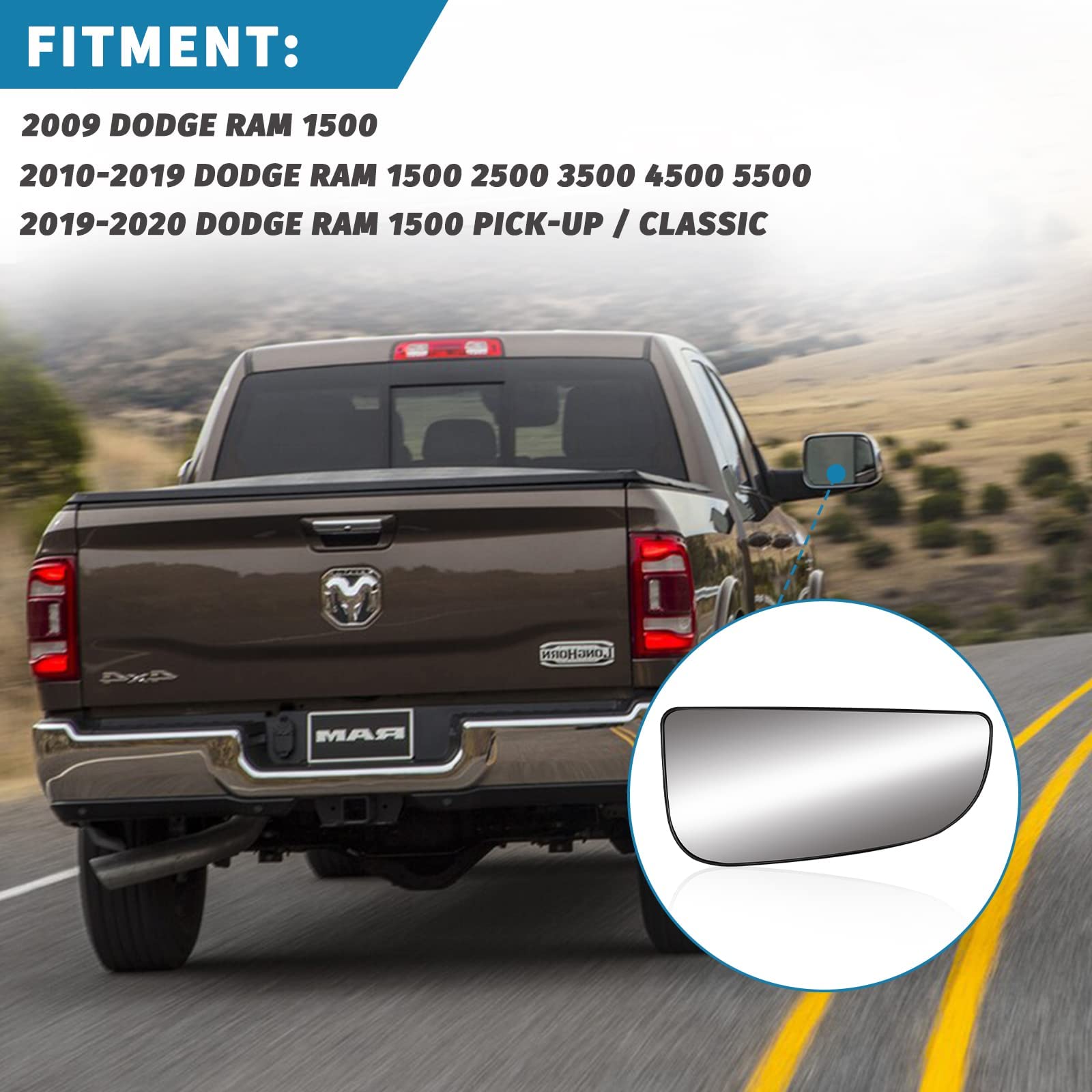 Passenger Side Lower Mirror Glass Compatible With 2009-2020 Dodge Ram 1500 2500 3500 4500 5500 Towing Mirrors - Right Side View