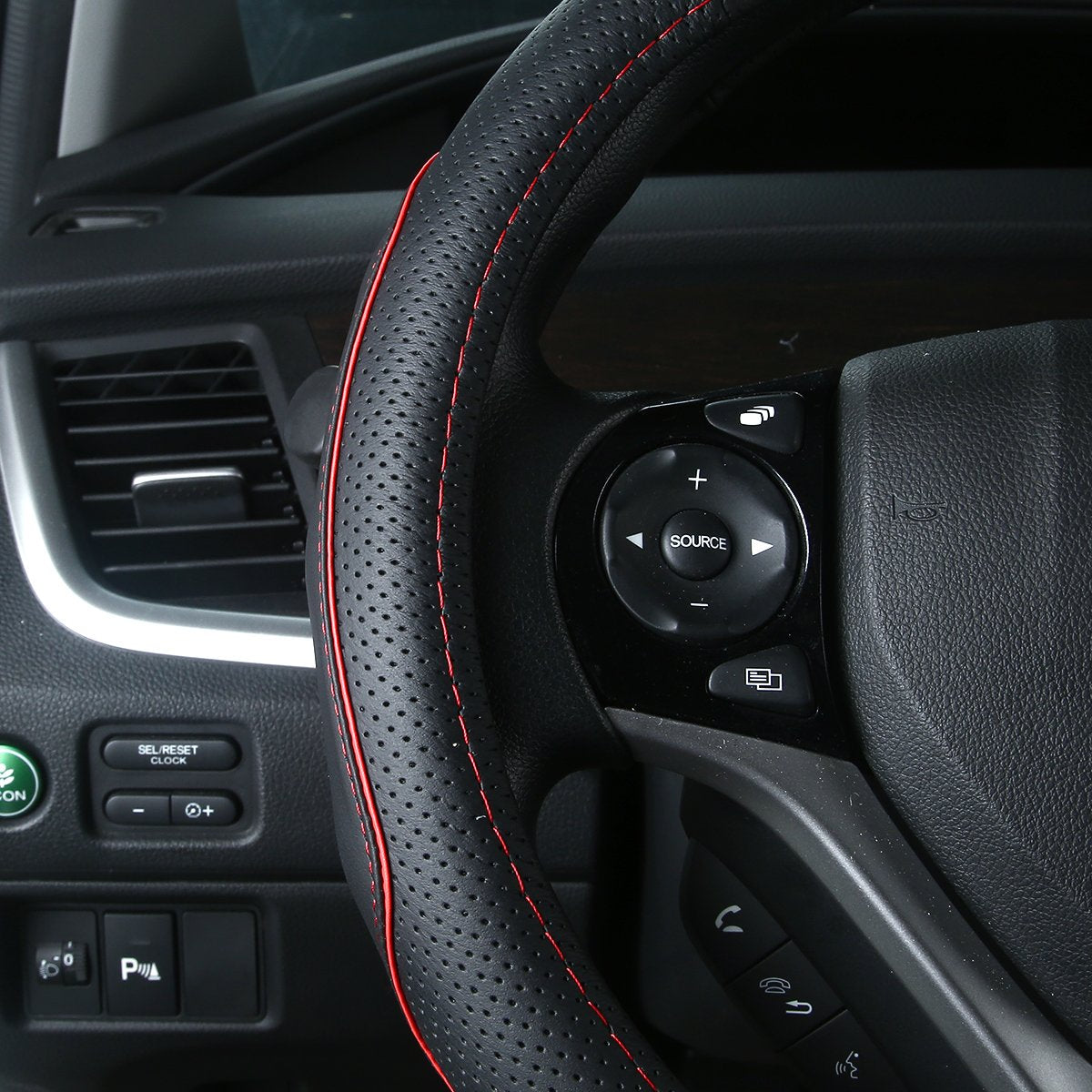 QianBao Genuine Soft Black Leather Steering Wheel Cover, 14 Universal Fit, Small 13.5-14.2, Odorless, Anti-Slip, Red Line